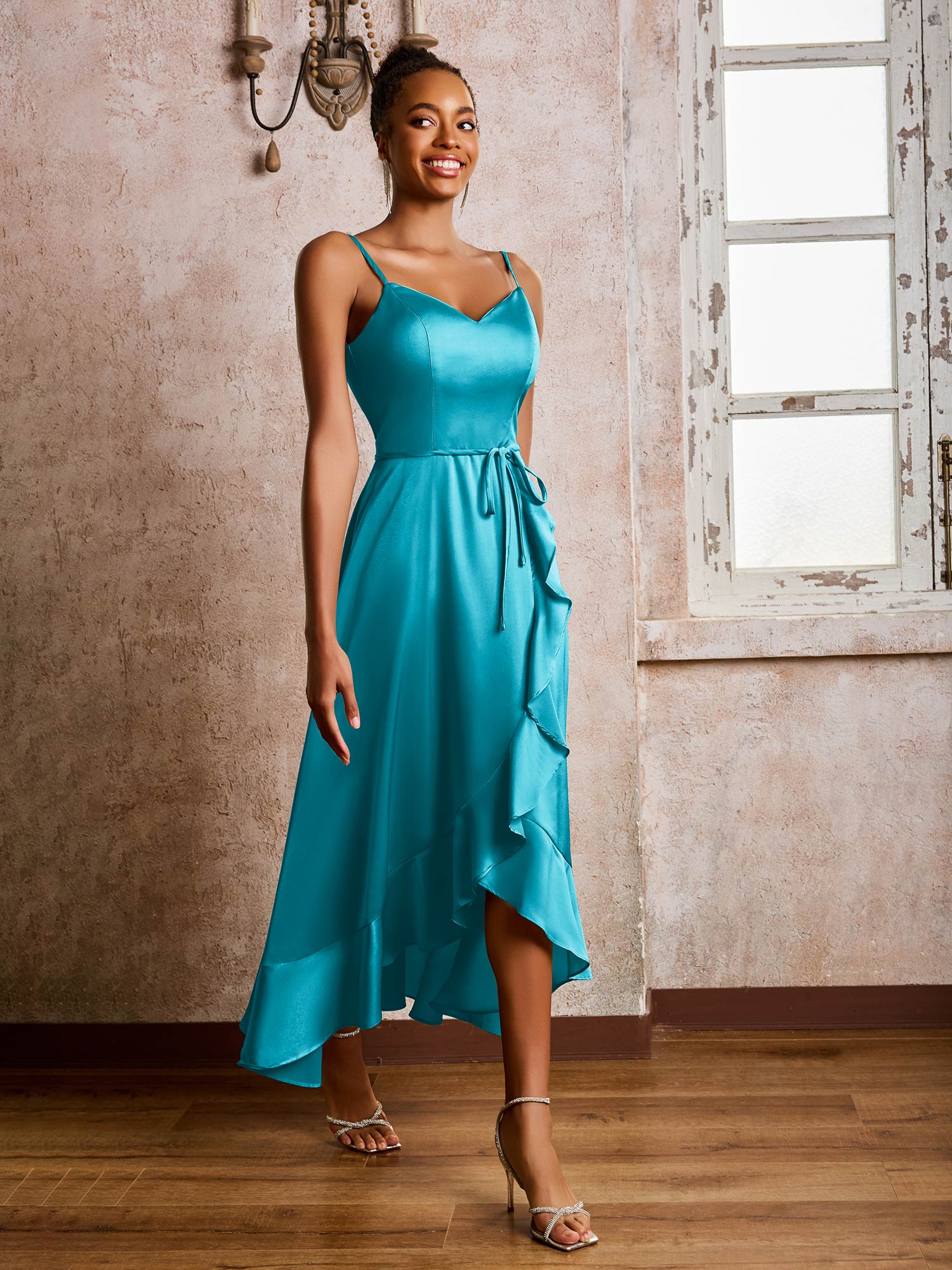 Spaghetti Straps Asymmetrical Soft Satin Dresses Jade - Image 3