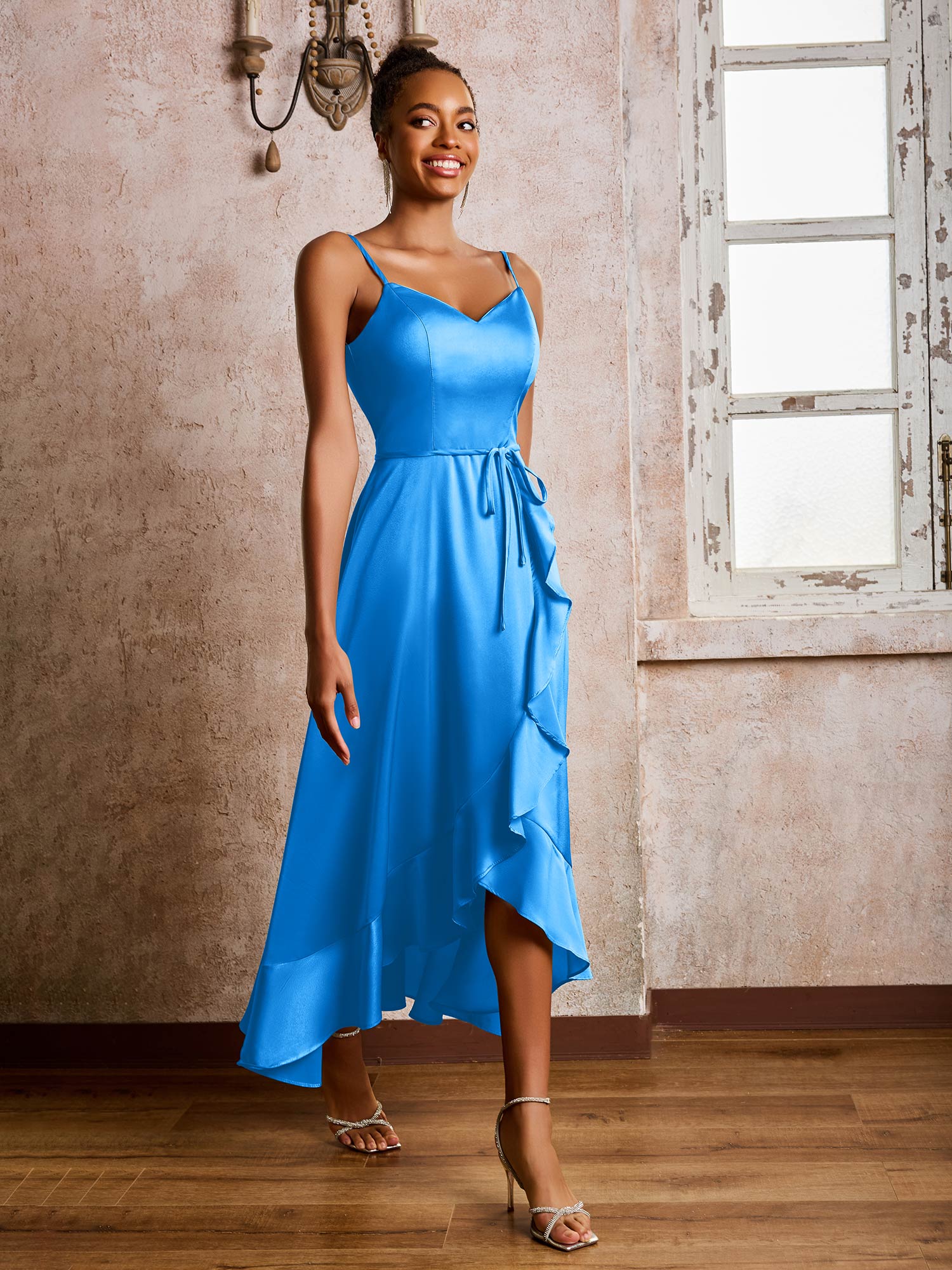 Spaghetti Straps Asymmetrical Soft Satin Dresses Ocean Blue - Image 3