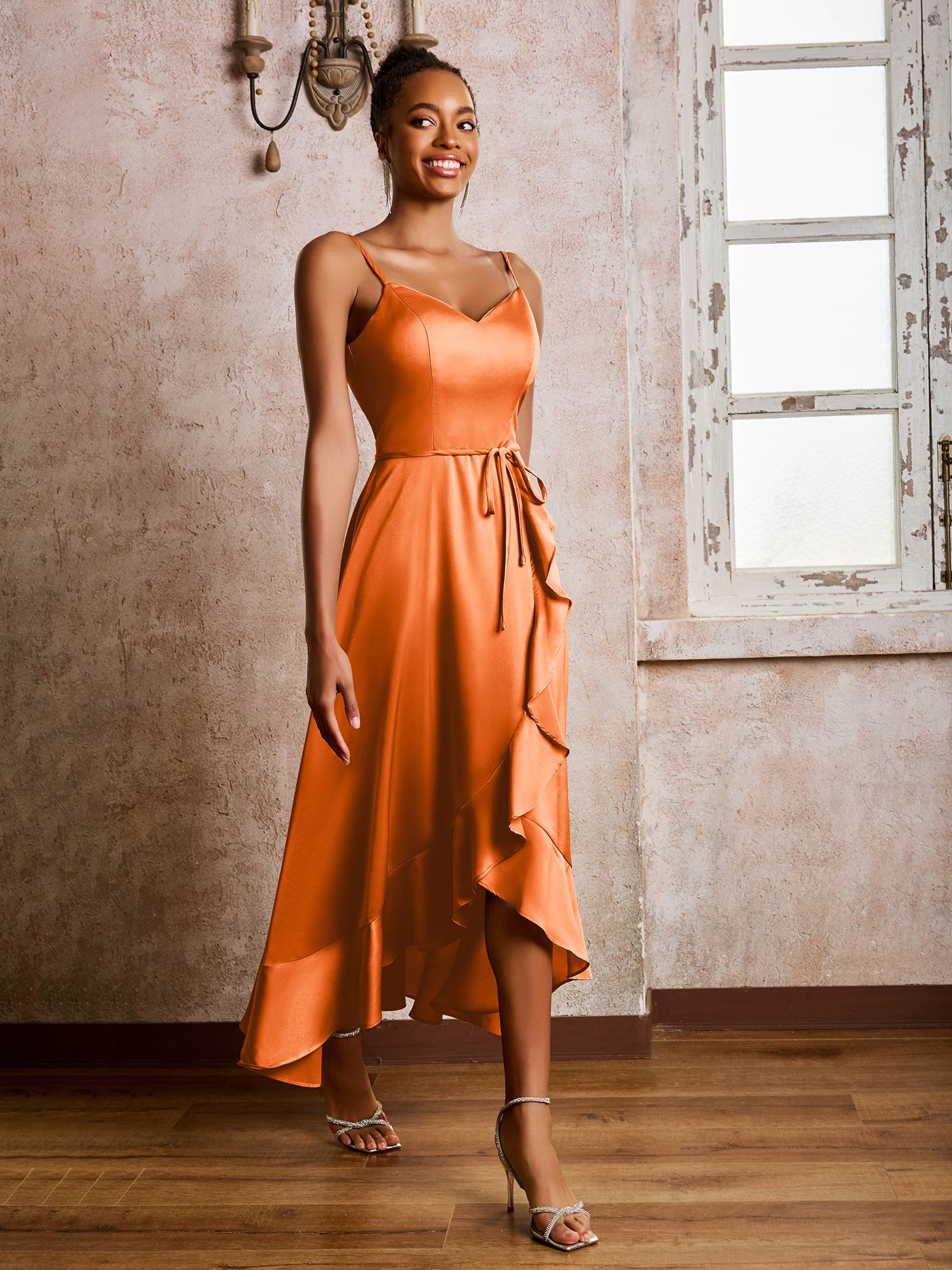 Spaghetti Straps Asymmetrical Soft Satin Dresses Orange - Image 3