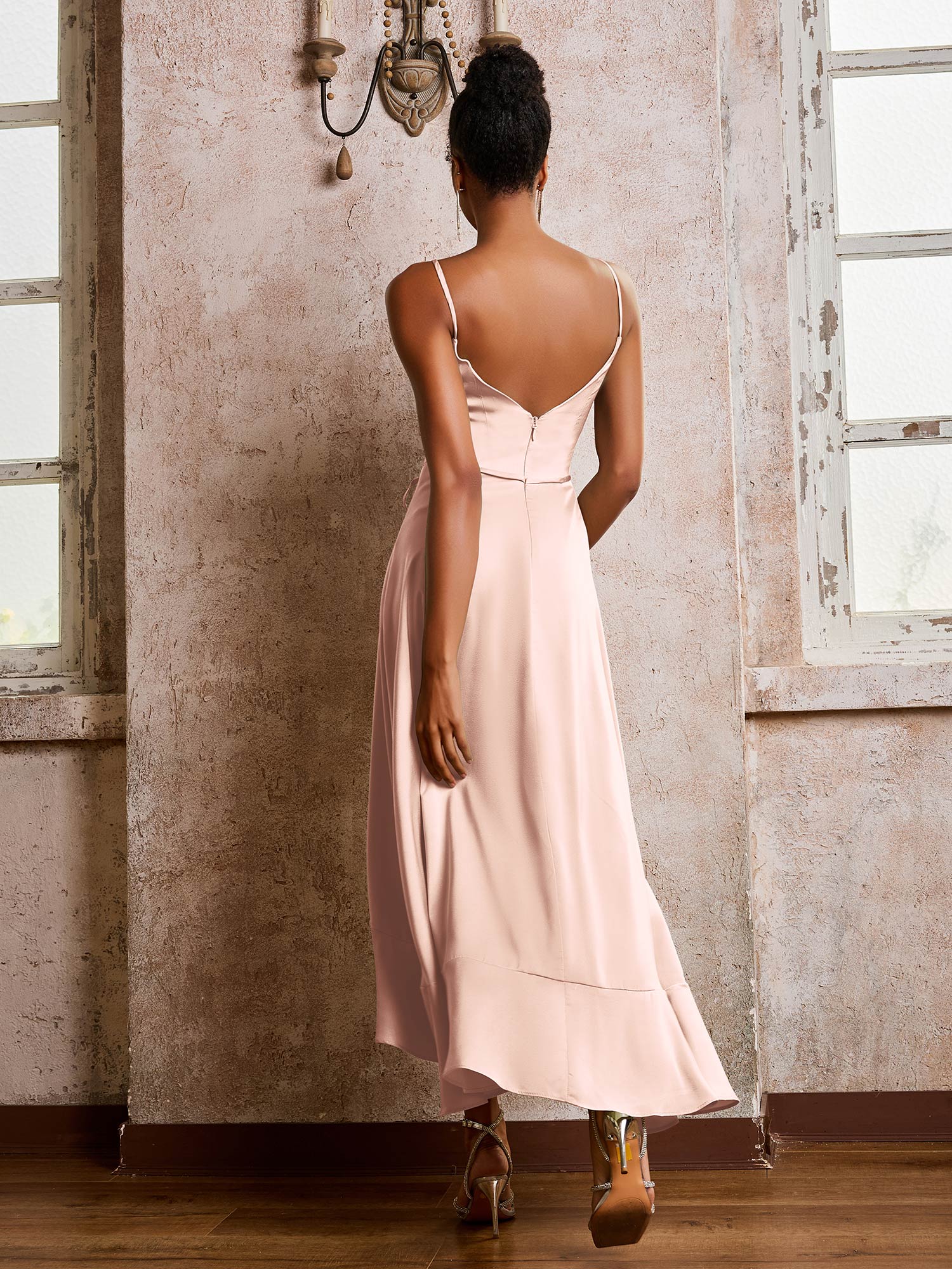 Spaghetti Straps Asymmetrical Soft Satin Dresses Pearl Pink - Image 2