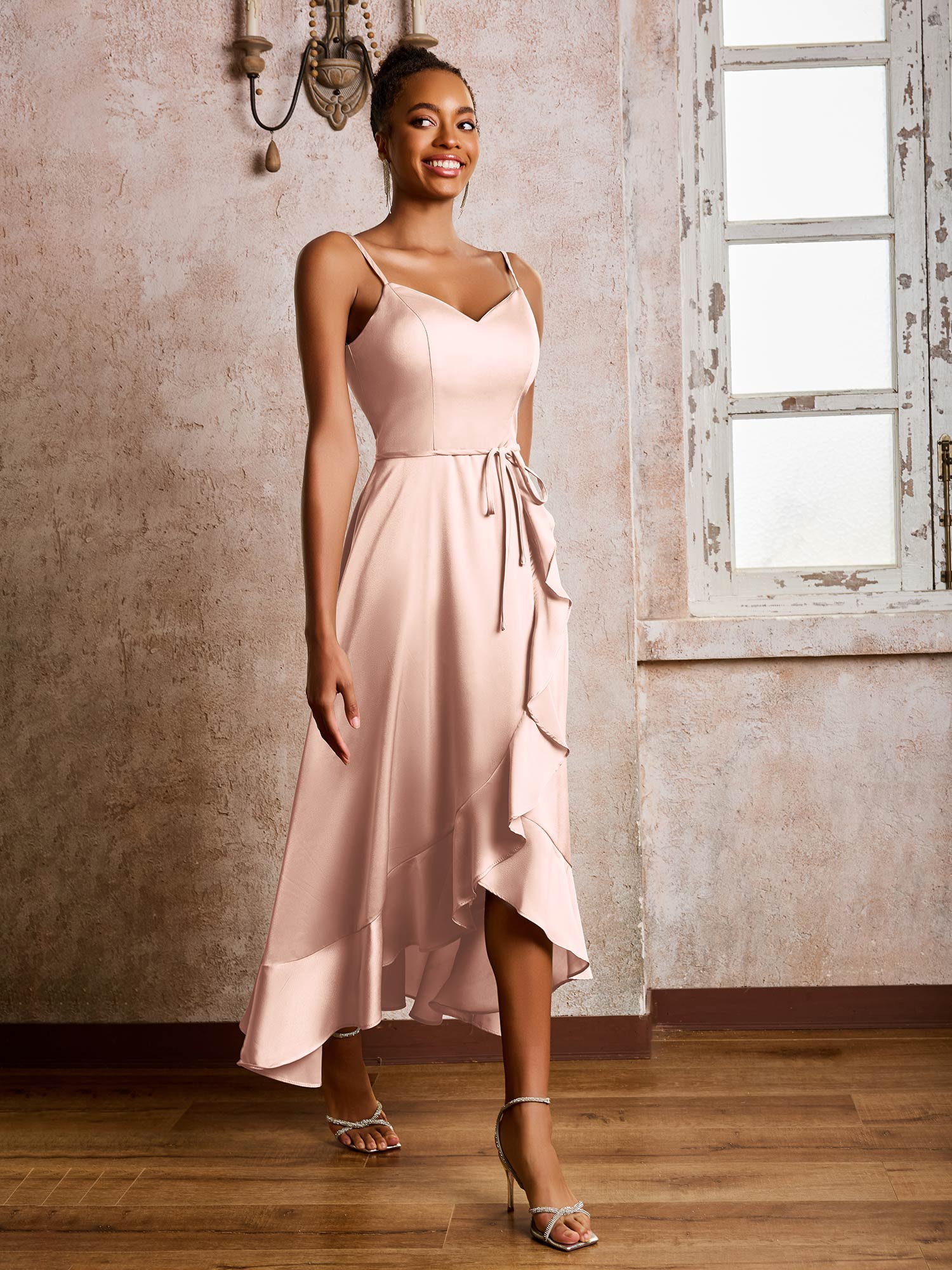 Spaghetti Straps Asymmetrical Soft Satin Dresses Pearl Pink - Image 3
