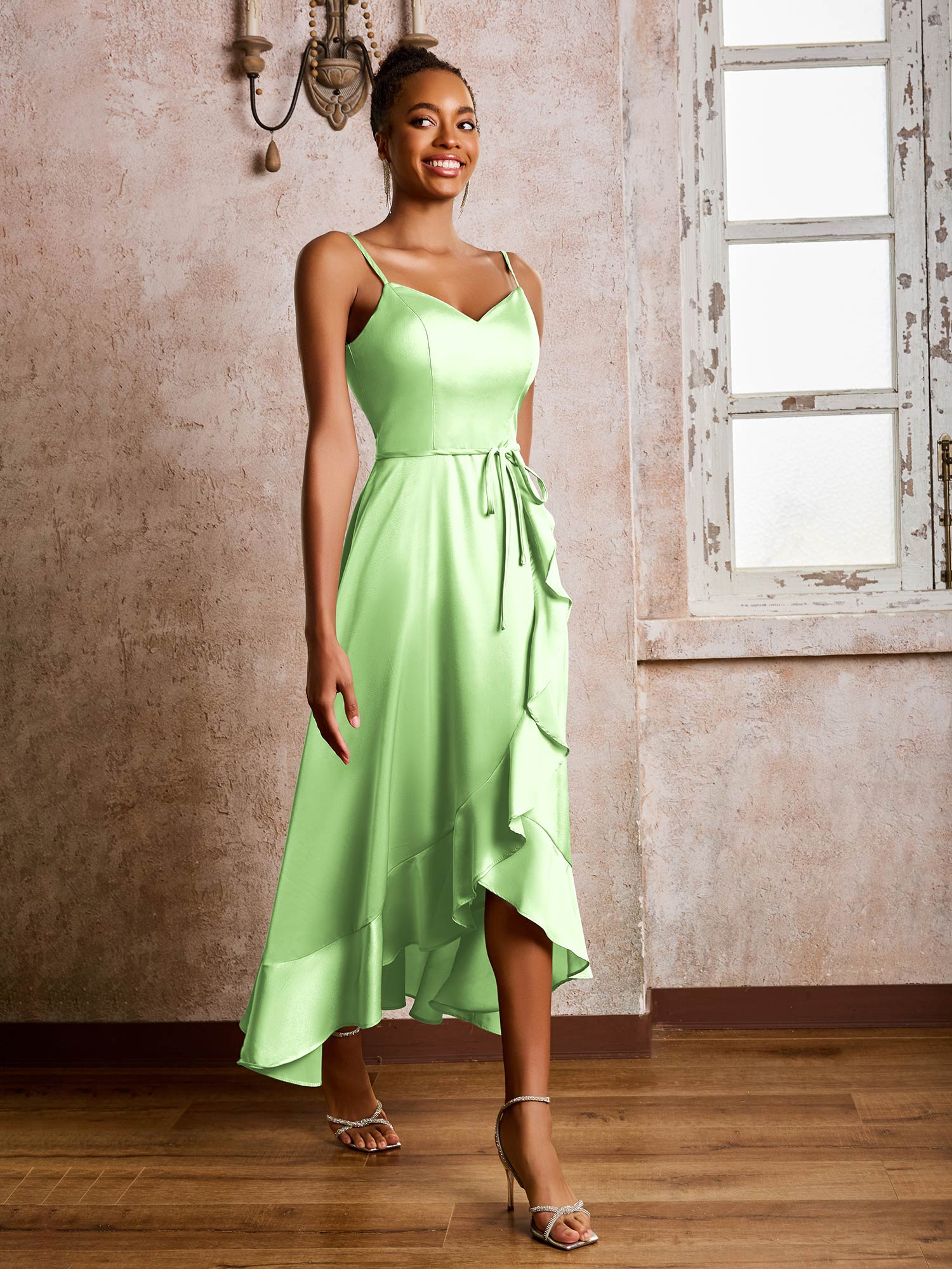 Spaghetti Straps Asymmetrical Soft Satin Dresses Sage - Image 3