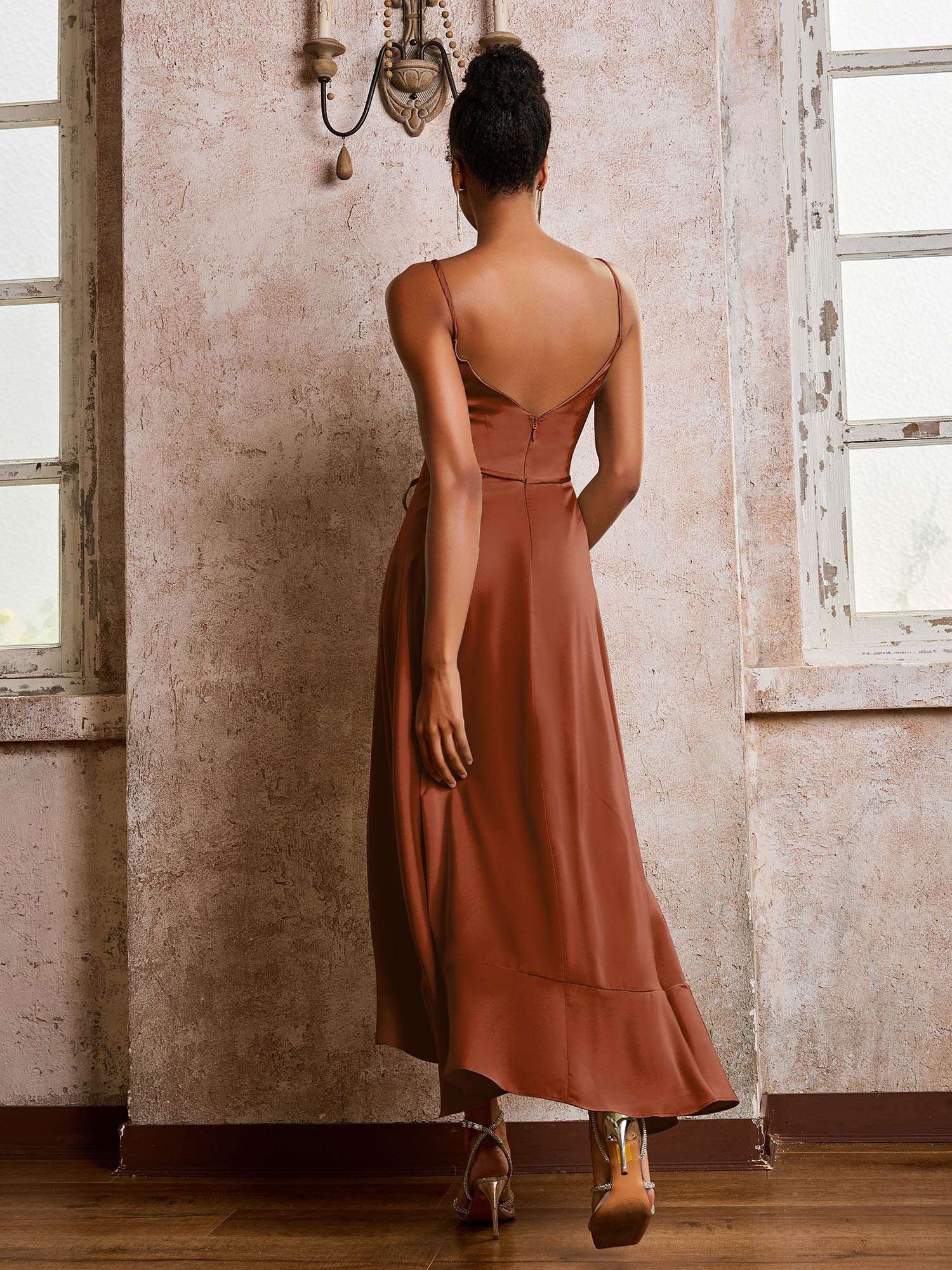 Spaghetti Straps Asymmetrical Soft Satin Dresses Terracotta - Image 2