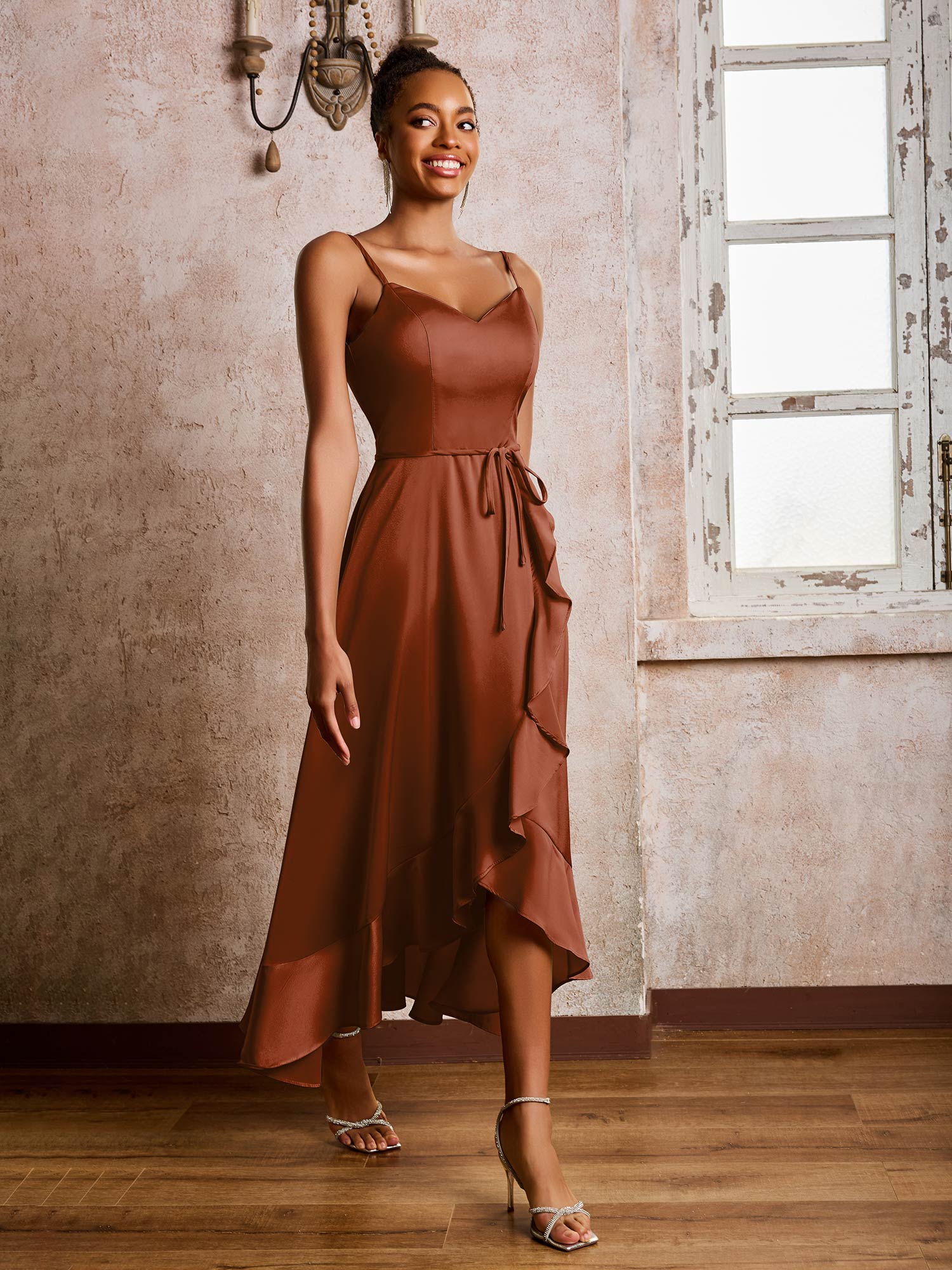 Spaghetti Straps Asymmetrical Soft Satin Dresses Terracotta - Image 3