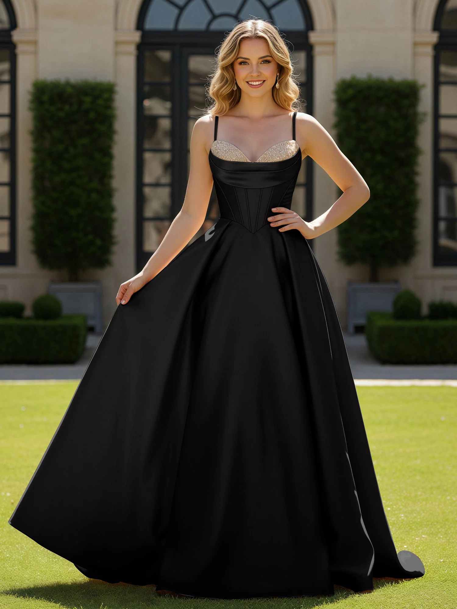 Spaghetti Straps Beaded Sweetheart Neck Maxi Gown Black