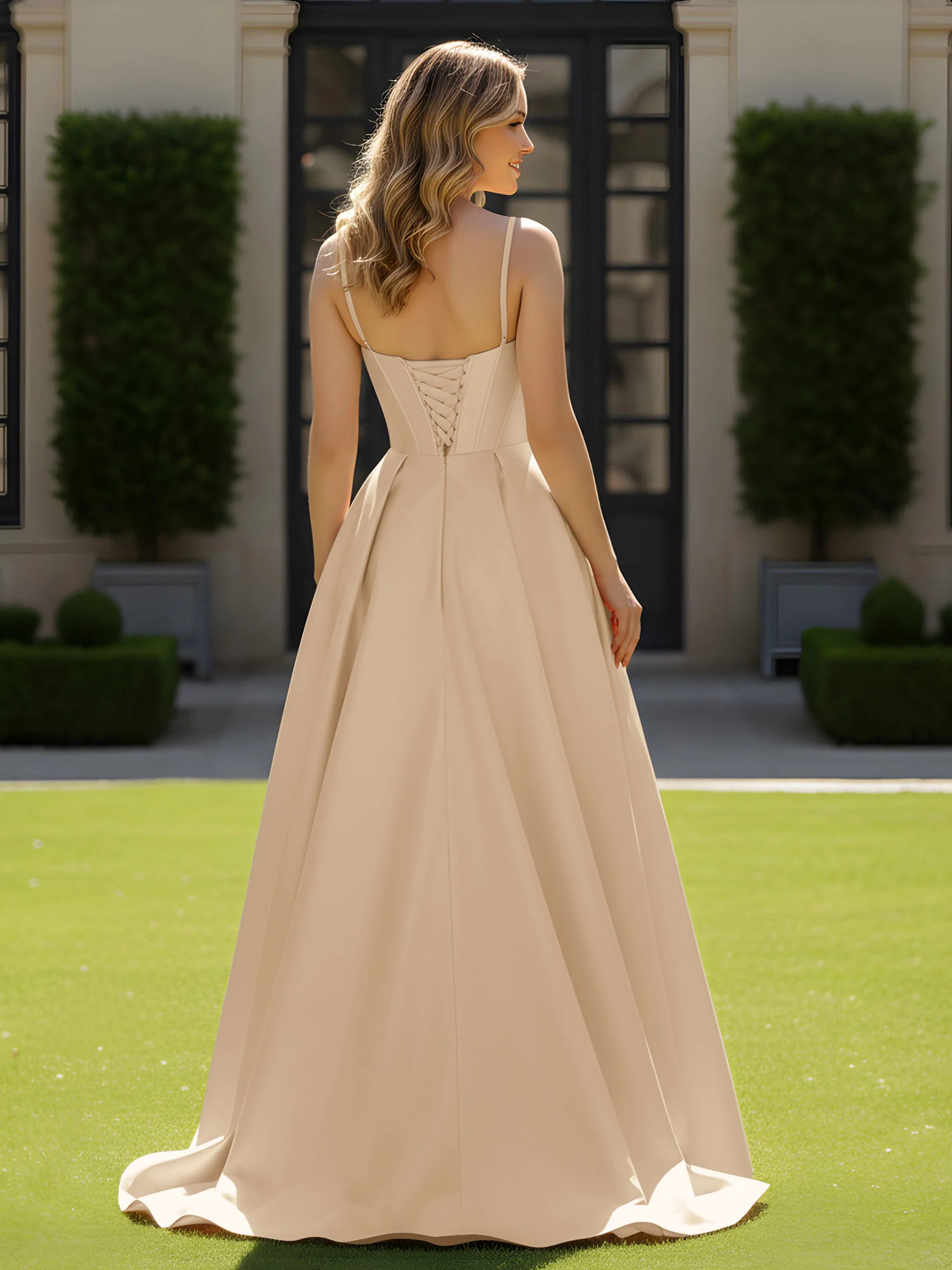 Spaghetti Straps Beaded Sweetheart Neck Maxi Gown Champagne - Image 2