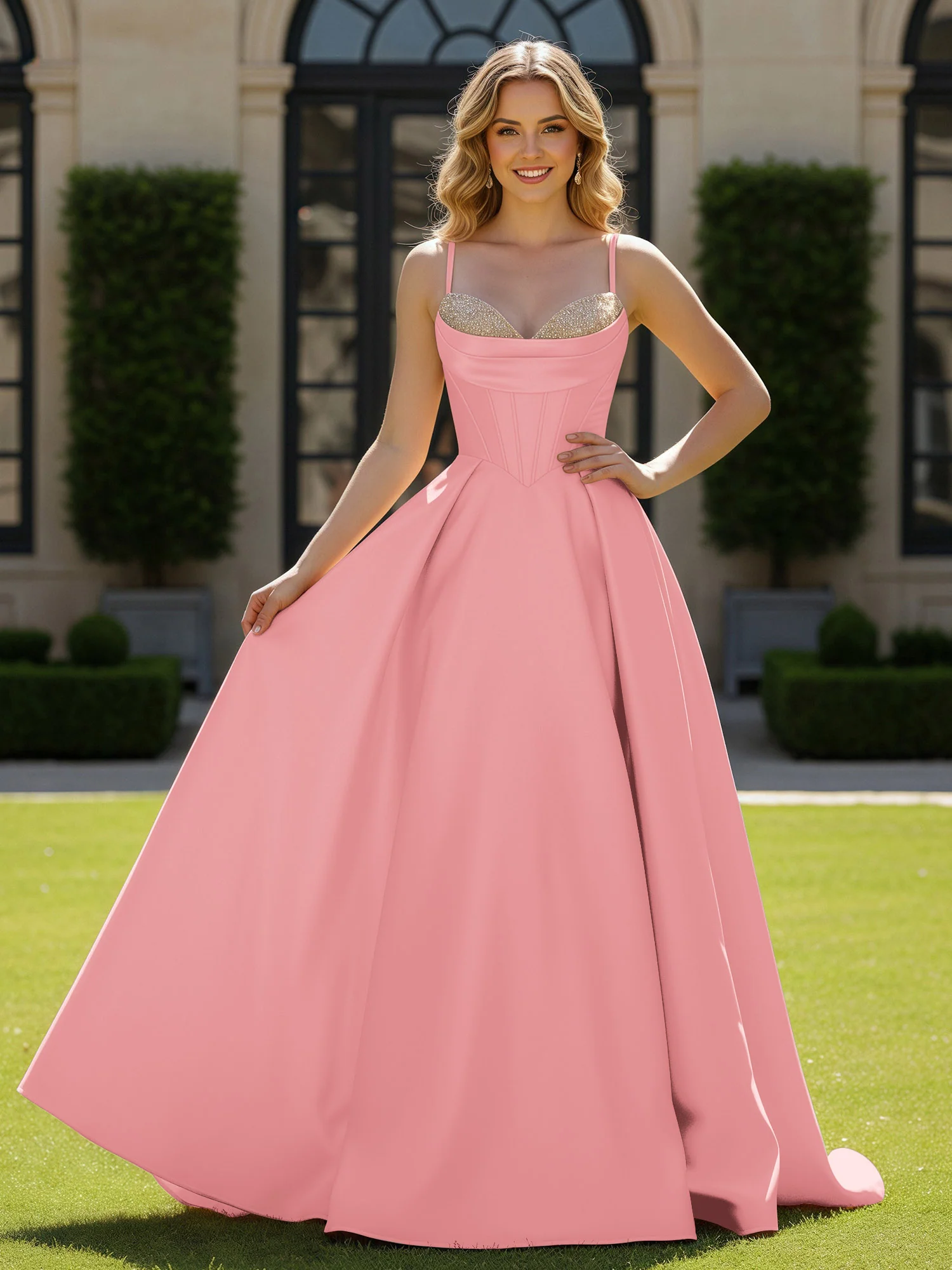 Spaghetti Straps Beaded Sweetheart Neck Maxi Gown Flamingo