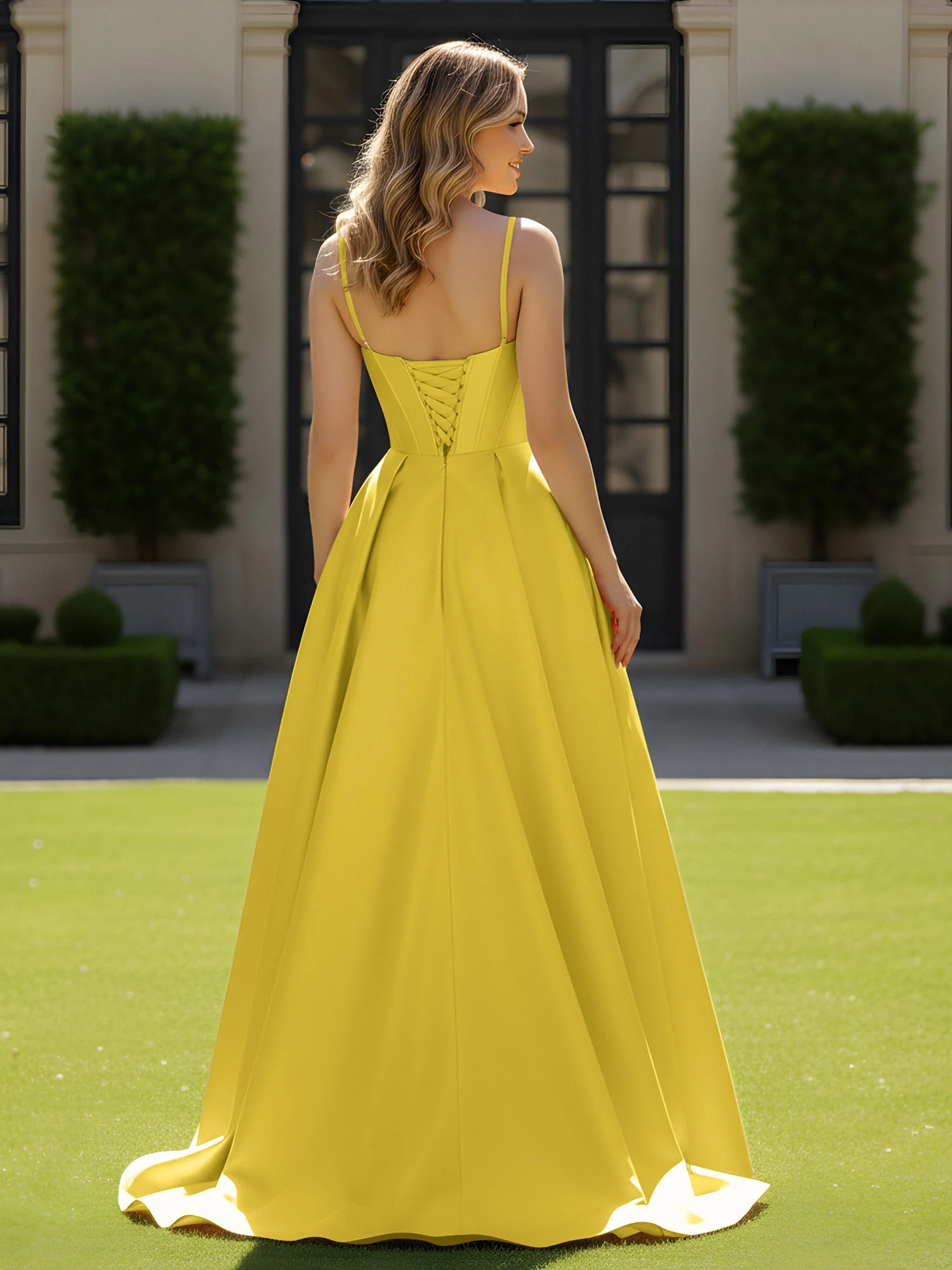 Spaghetti Straps Beaded Sweetheart Neck Maxi Gown Marigold - Image 2