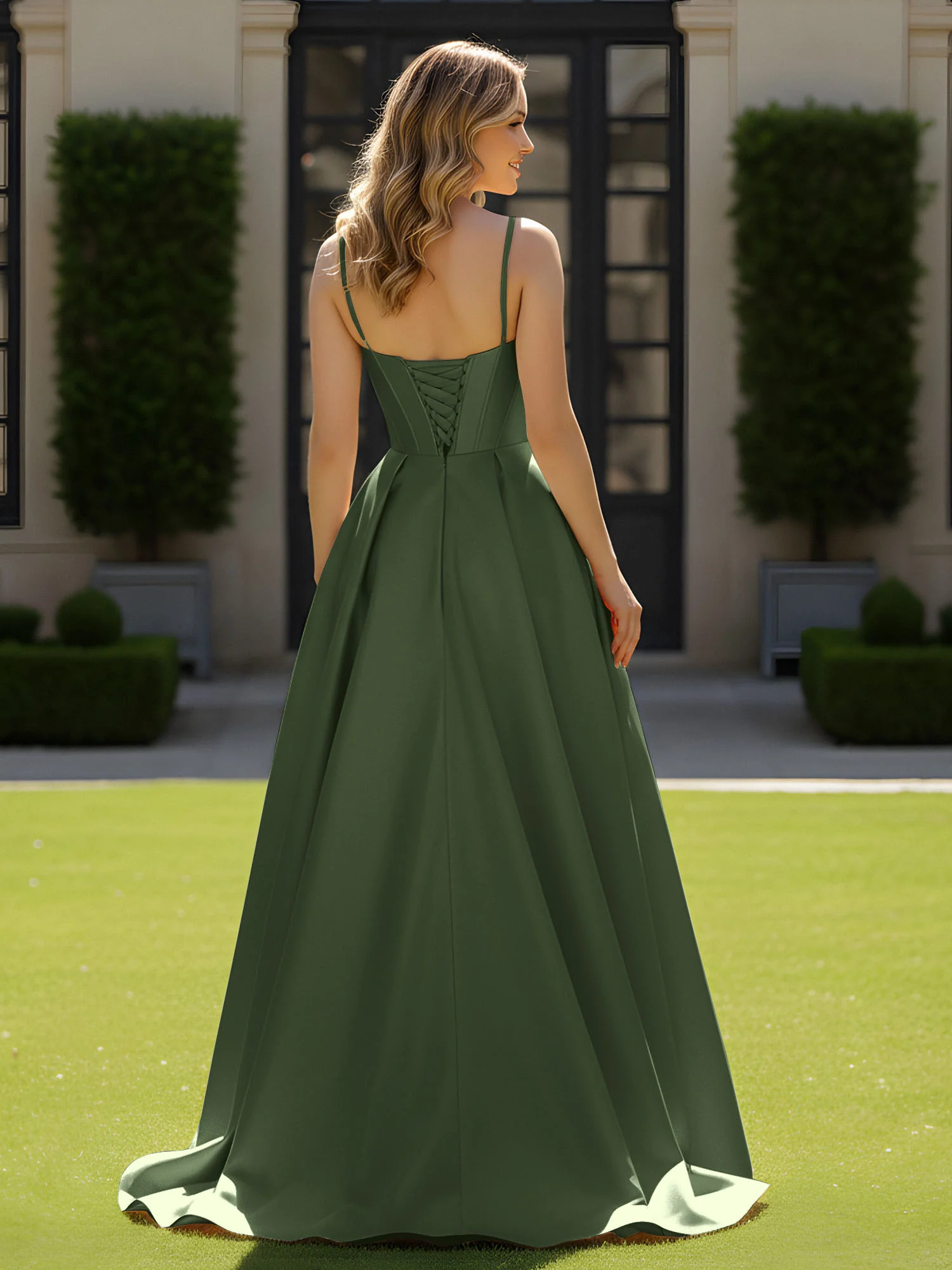 Spaghetti Straps Beaded Sweetheart Neck Maxi Gown Olive Green - Image 2