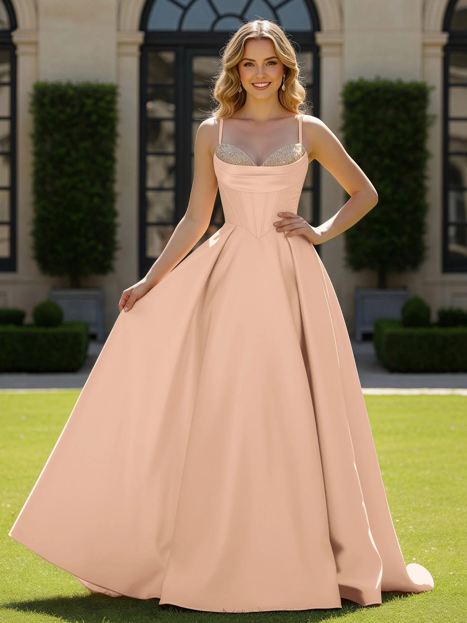 Spaghetti Straps Beaded Sweetheart Neck Maxi Gown Peach