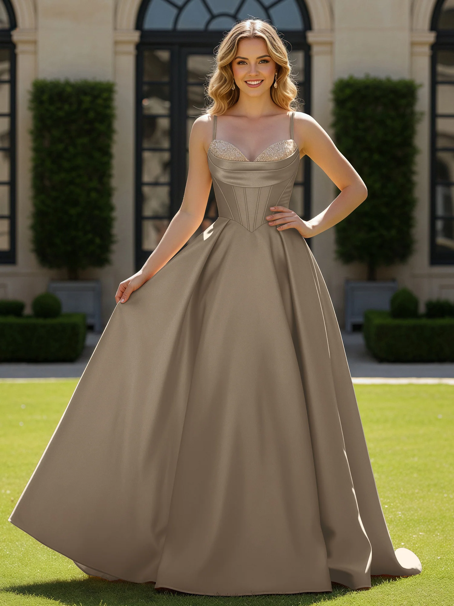 Spaghetti Straps Beaded Sweetheart Neck Maxi Gown Taupe