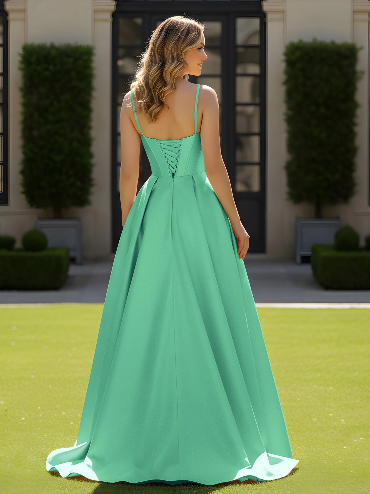 Spaghetti Straps Beaded Sweetheart Neck Maxi Gown Turquoise - Image 2