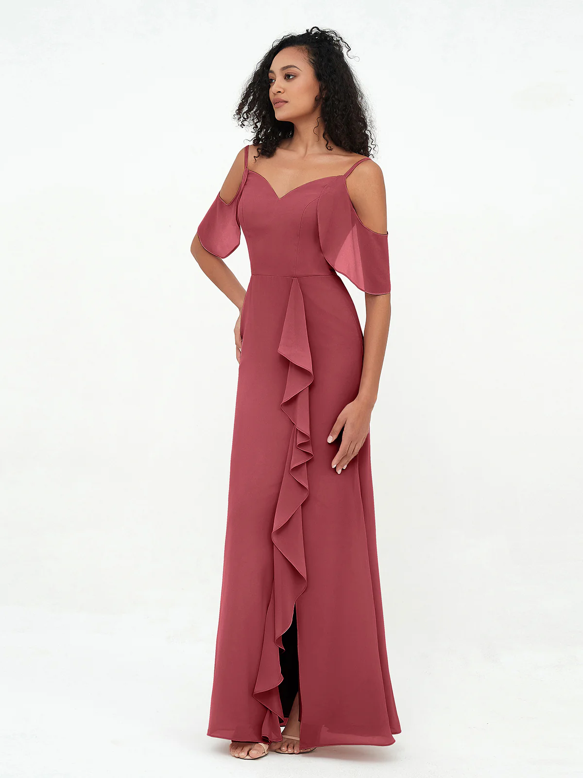 Spaghetti Straps Cloumn Dresses with Slit-Cinnamon Rose - Image 3