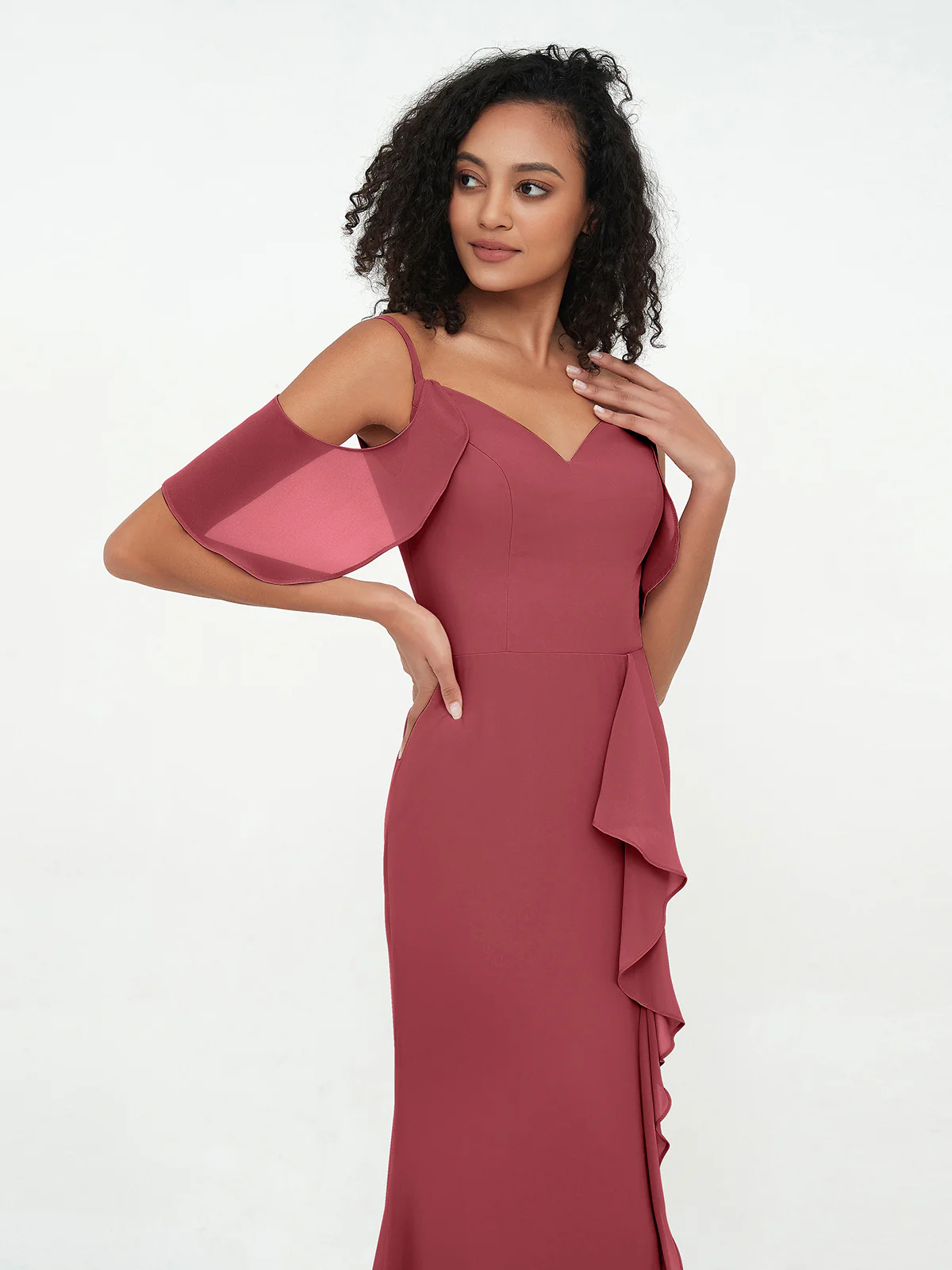 Spaghetti Straps Cloumn Dresses with Slit-Cinnamon Rose - Image 4
