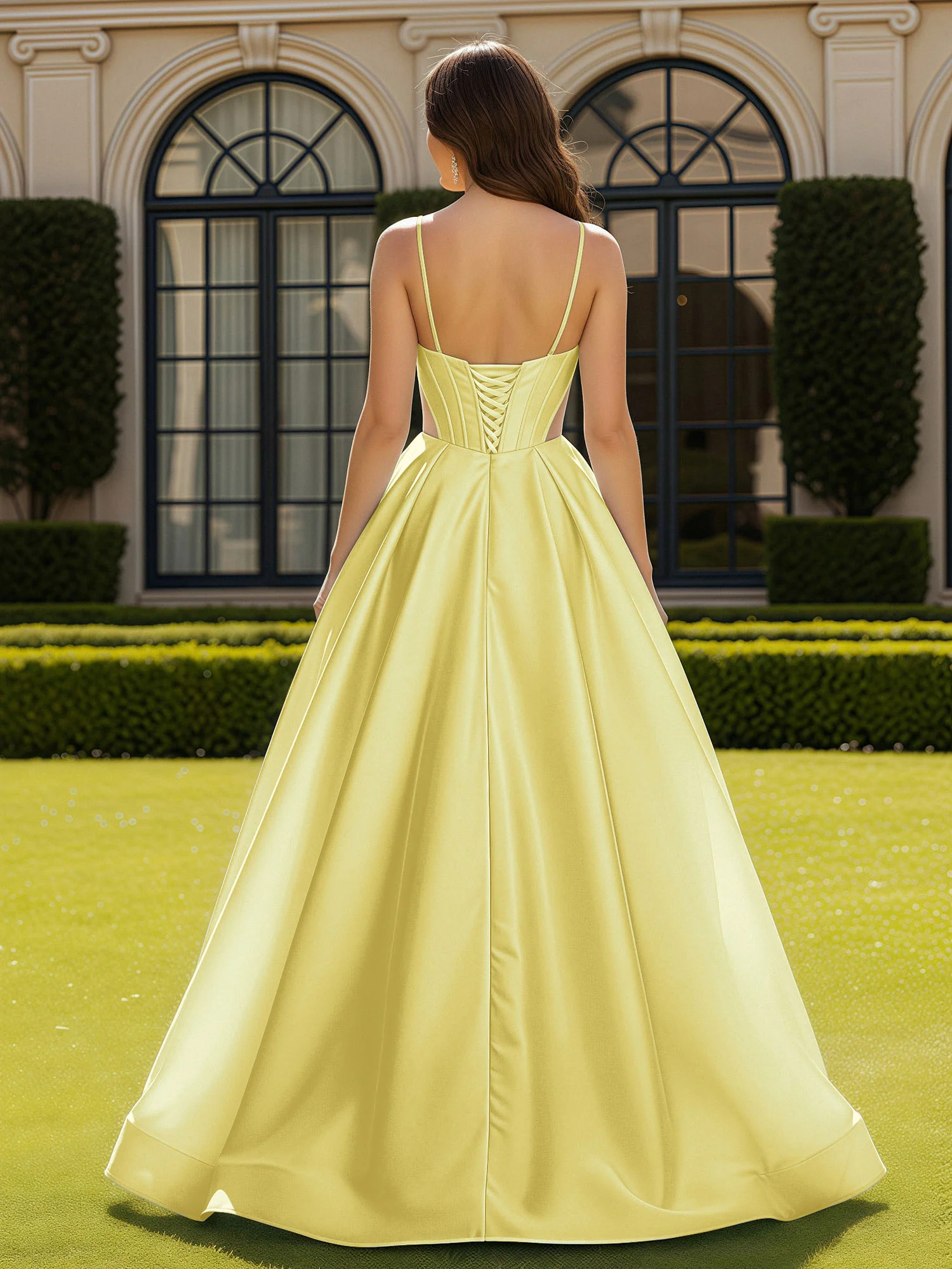 Spaghetti Straps Lace Sweetheart Corset Dress With Slit Daffodil - Image 2