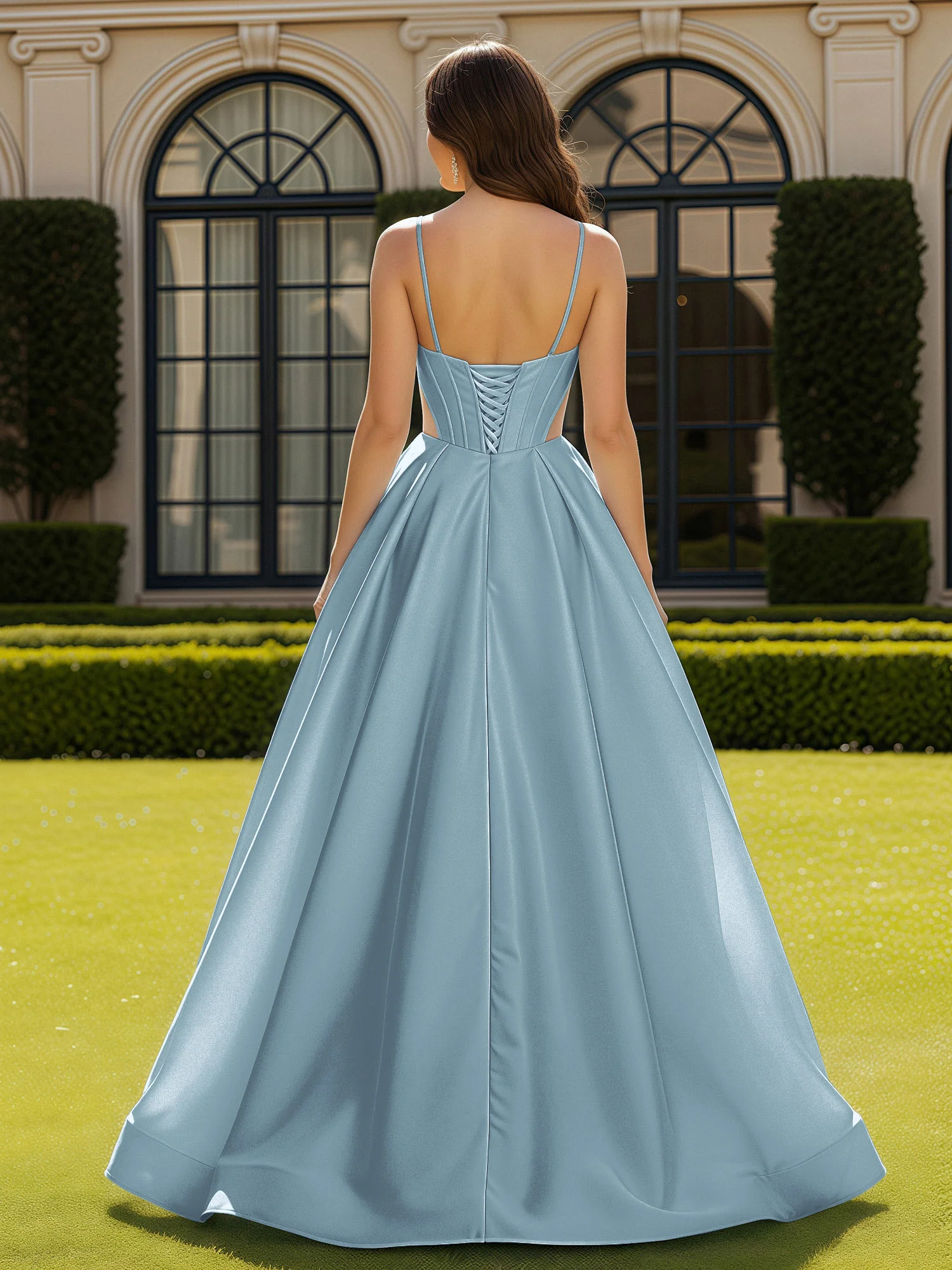 Spaghetti Straps Lace Sweetheart Corset Dress With Slit Dusty Blue - Image 2