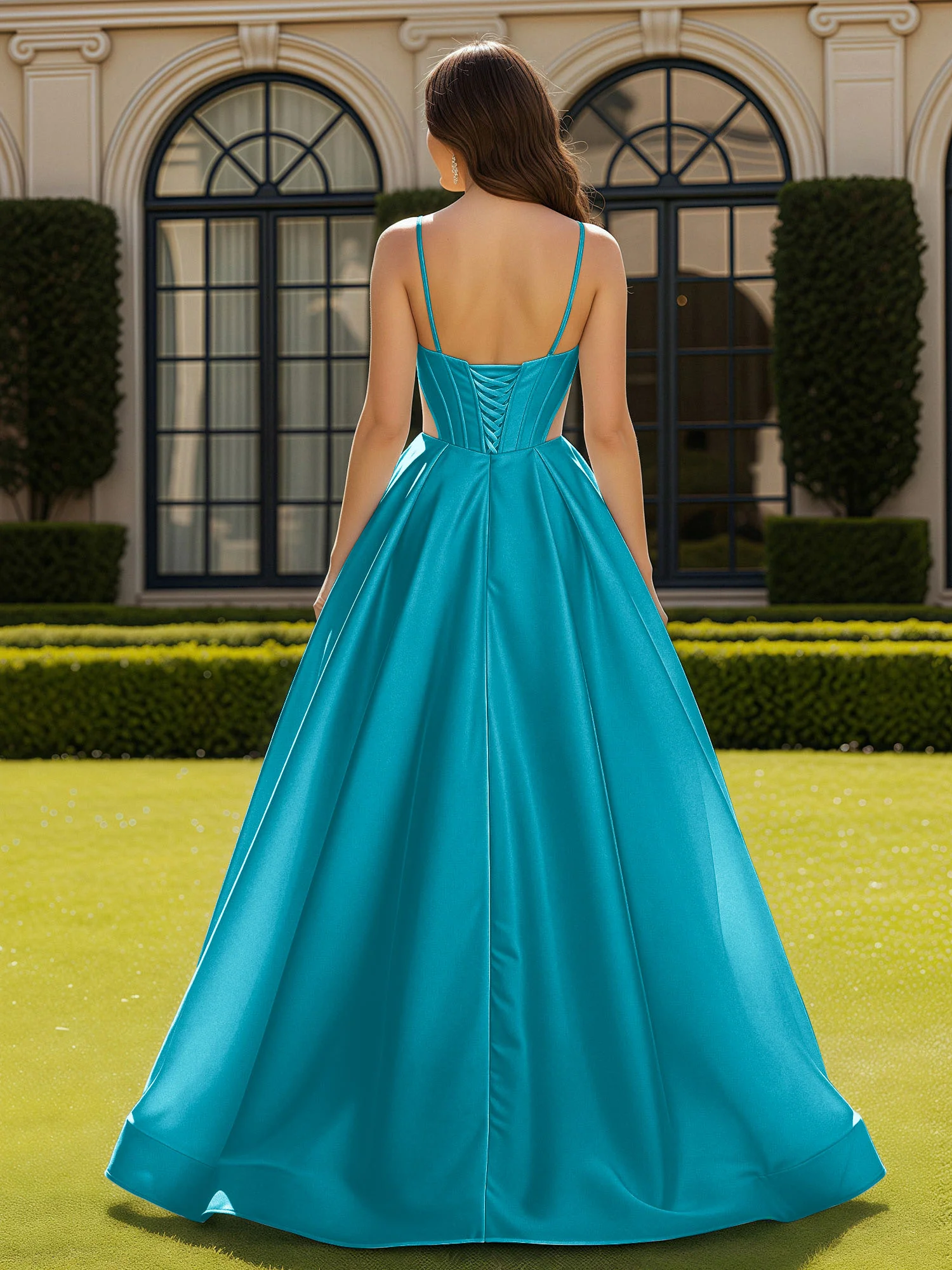 Spaghetti Straps Lace Sweetheart Corset Dress With Slit Jade - Image 2