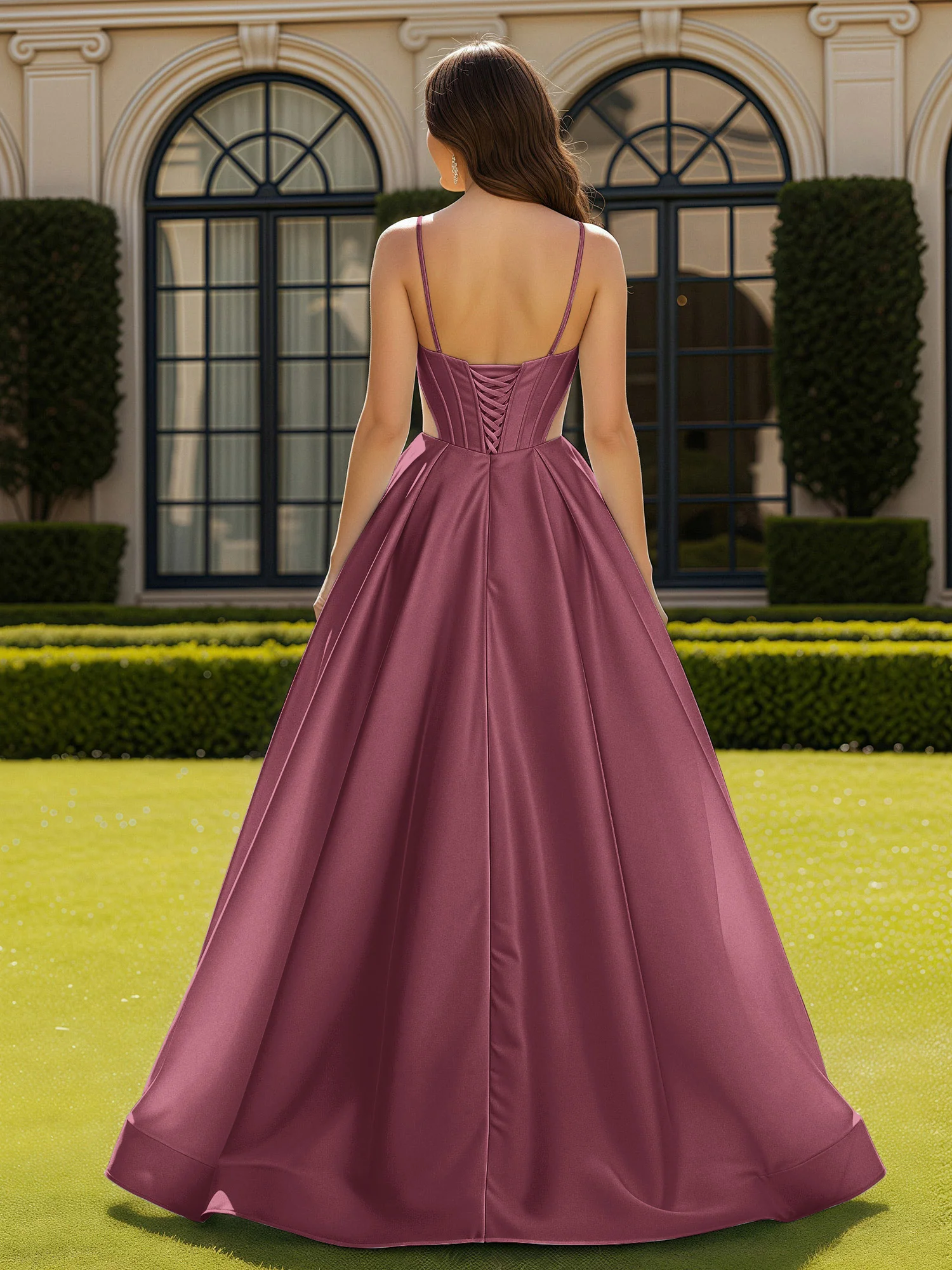 Spaghetti Straps Lace Sweetheart Corset Dress With Slit Mulberry - Image 2