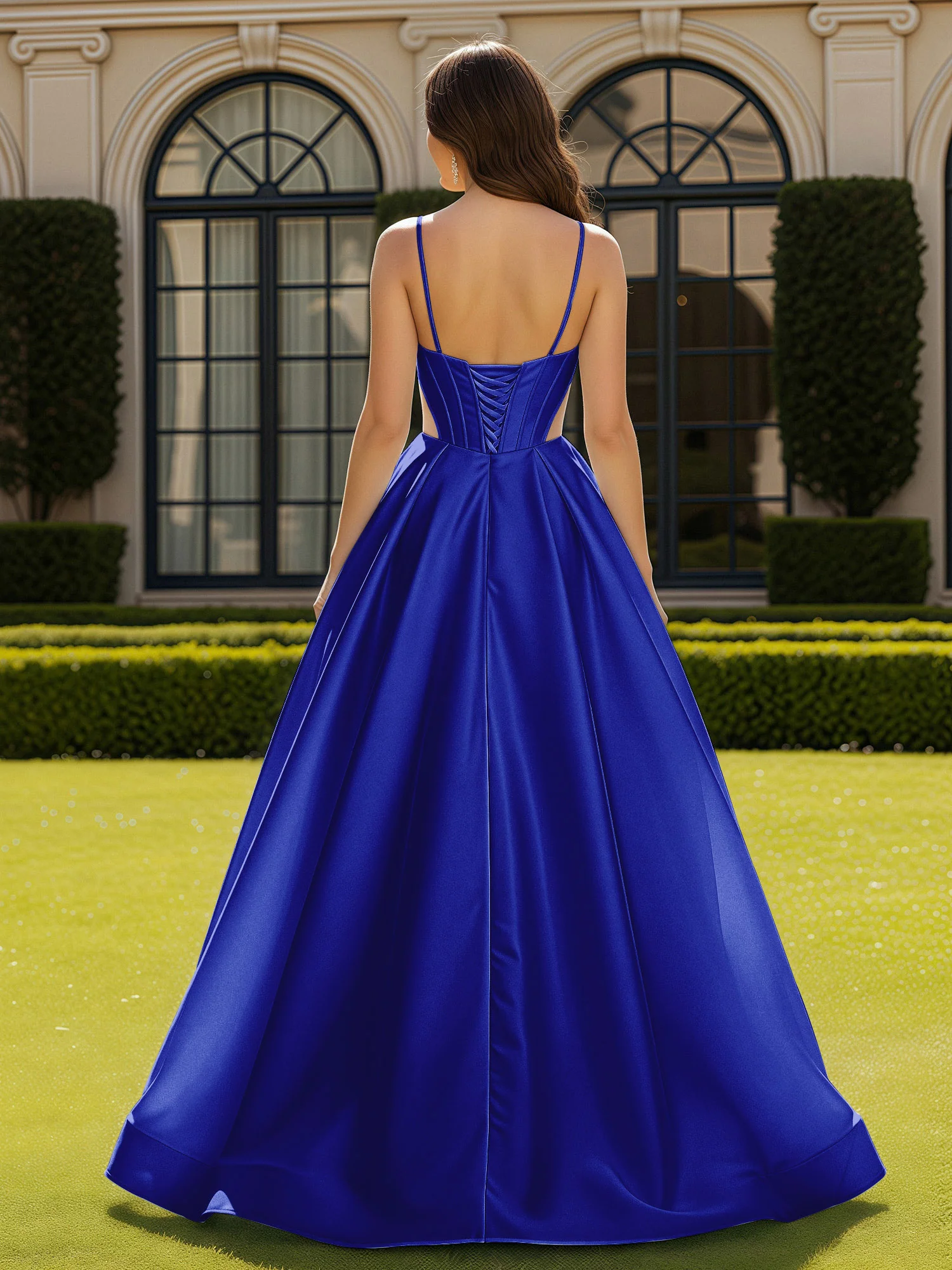 Spaghetti Straps Lace Sweetheart Corset Dress With Slit Royal Blue - Image 2