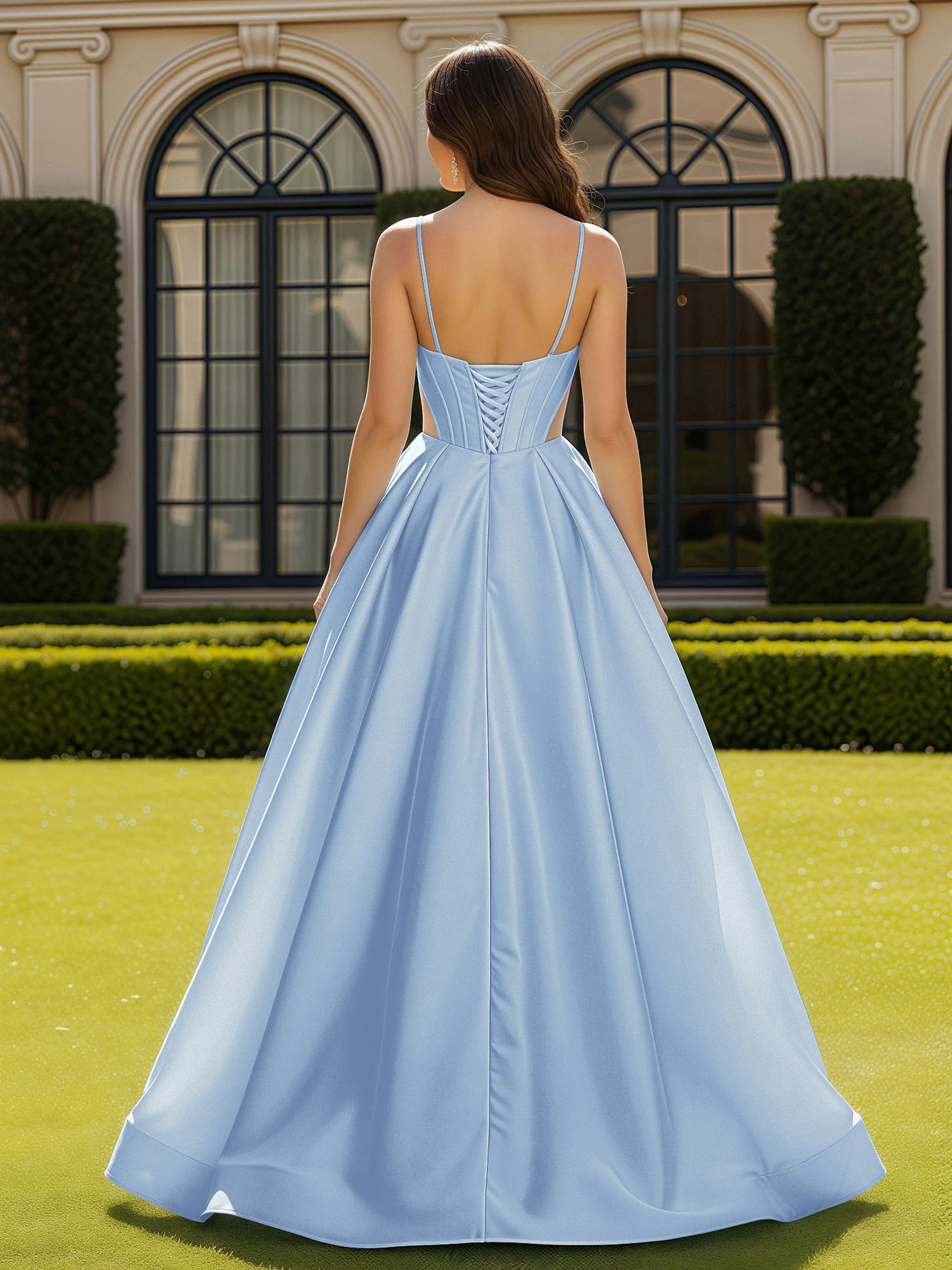 Spaghetti Straps Lace Sweetheart Corset Dress With Slit Sky Blue - Image 2