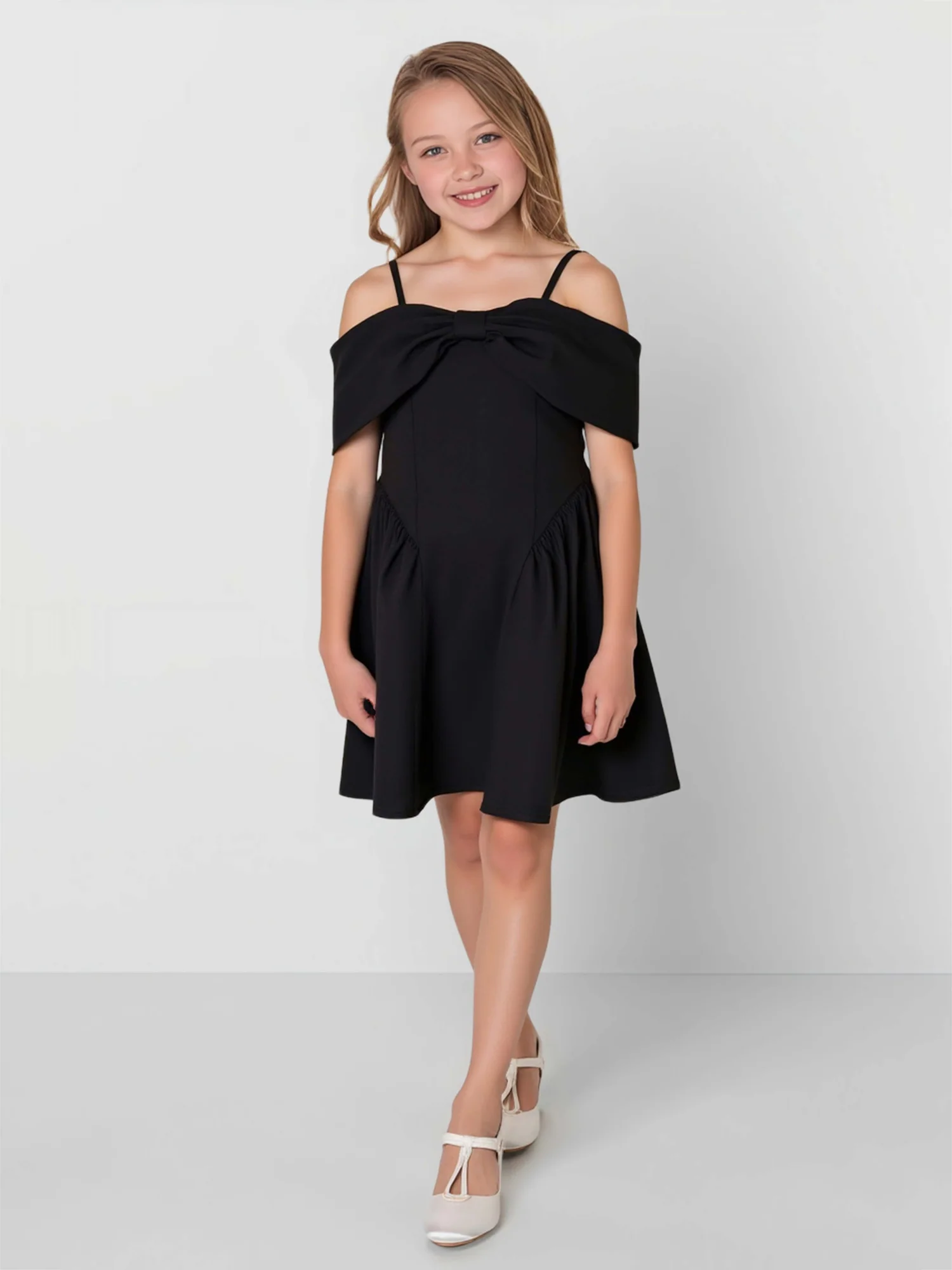 Spaghetti Straps Off-the-Shoulder A-Line Flower Girl Dress Black