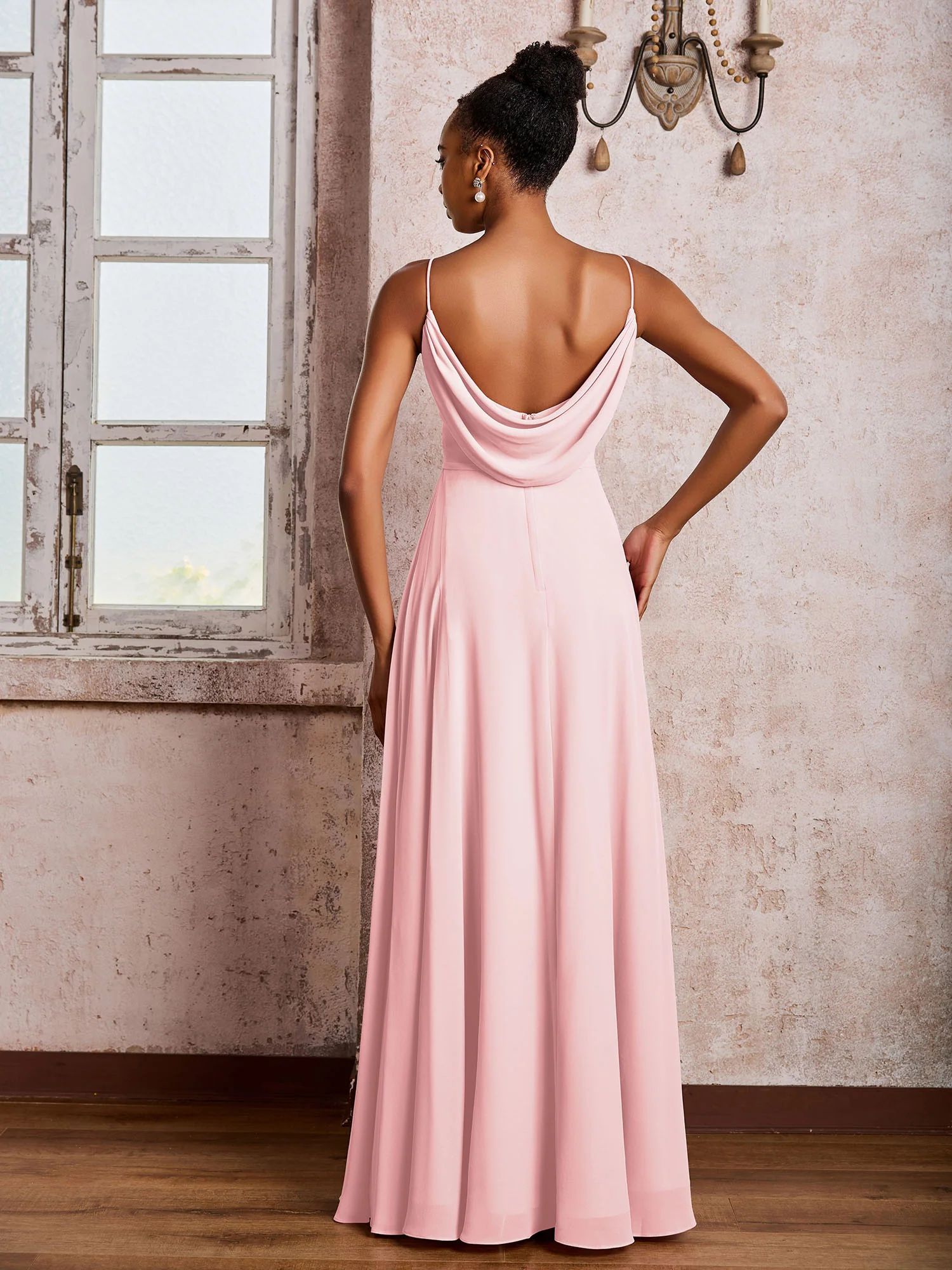 Spaghetti Straps V-neck Pleated A-line Chiffon Dresses Blushing Pink - Image 2