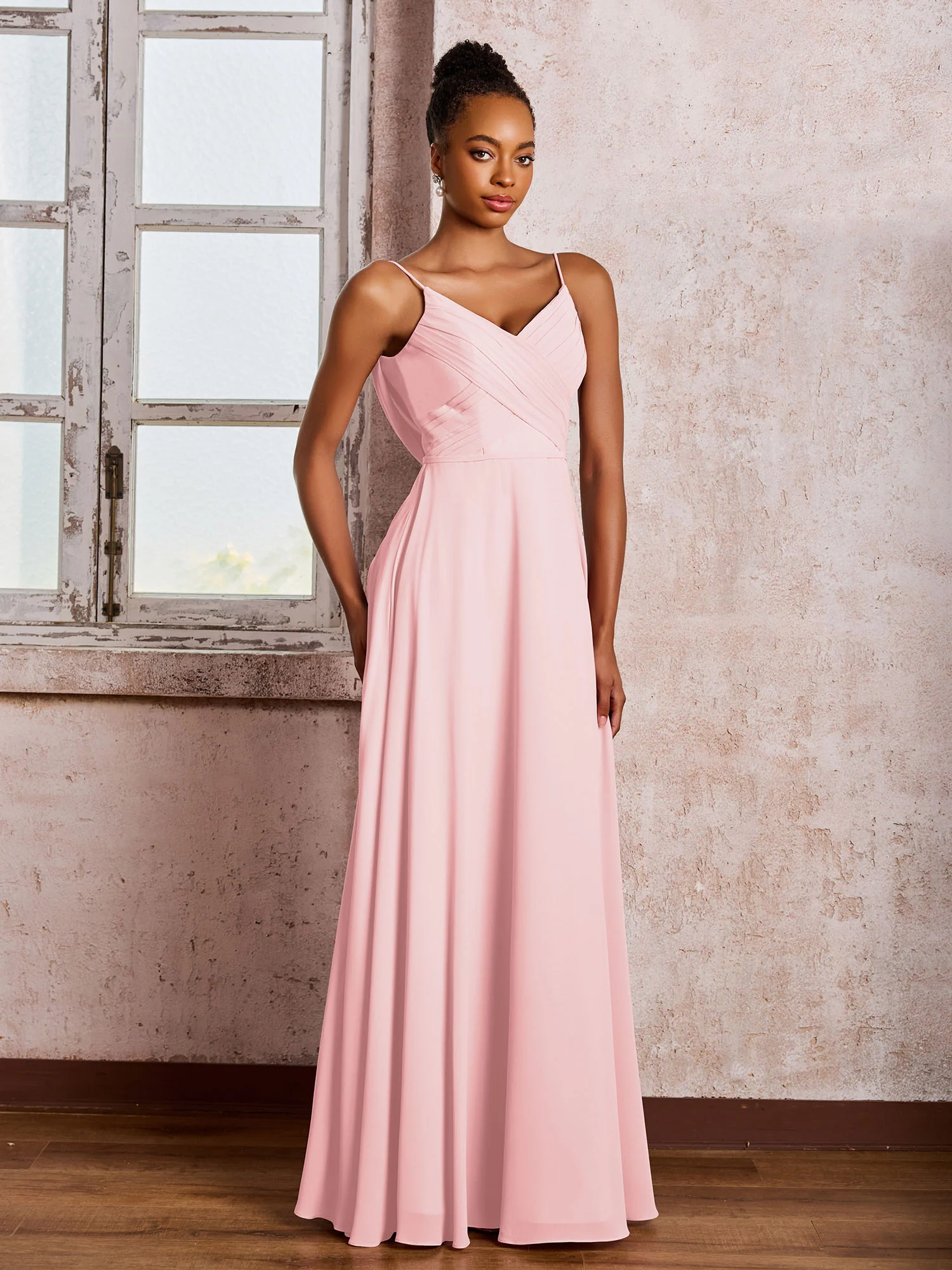 Spaghetti Straps V-neck Pleated A-line Chiffon Dresses Blushing Pink - Image 3