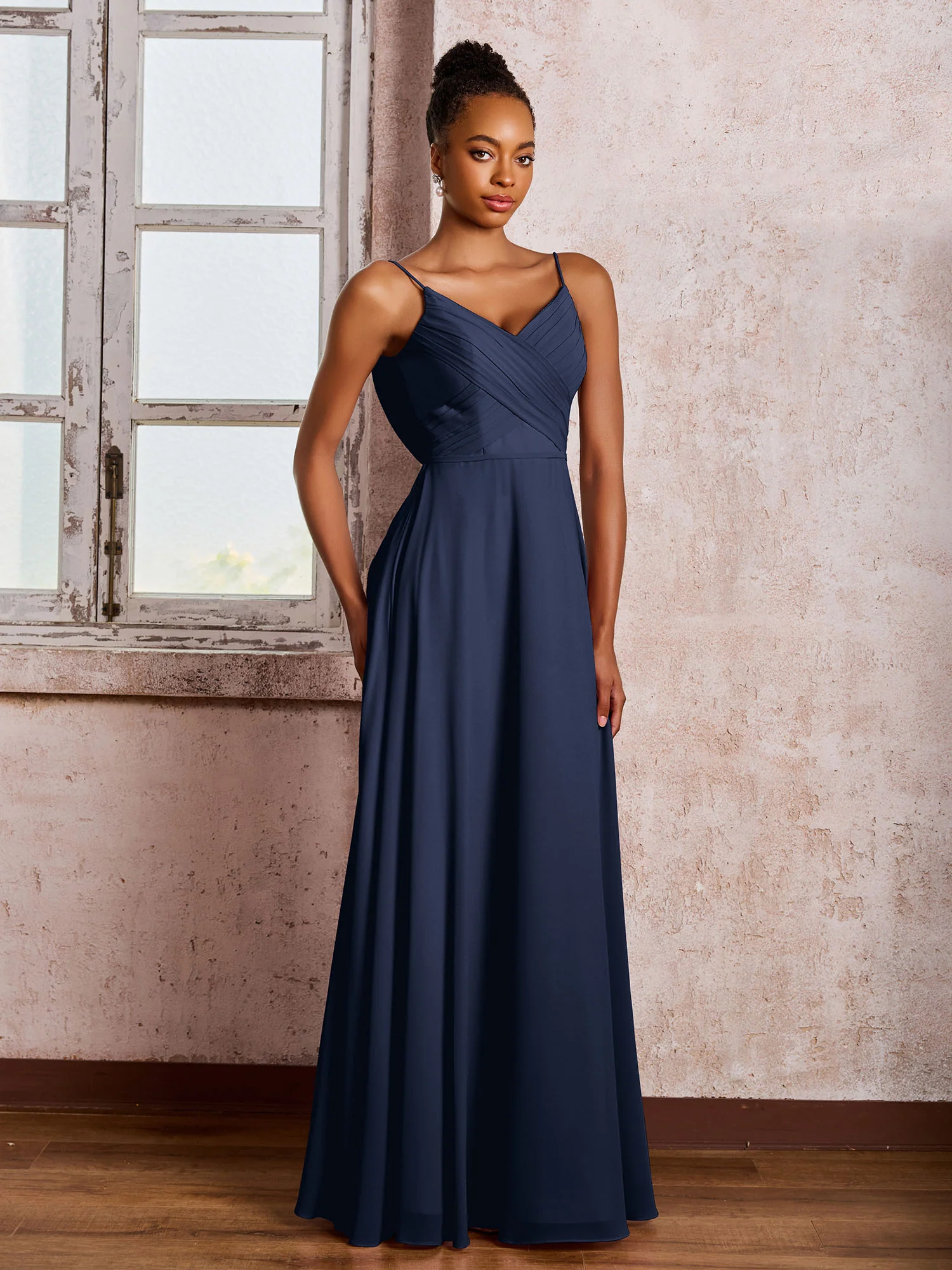 Spaghetti Straps V-neck Pleated A-line Chiffon Dresses Dark Navy - Image 3
