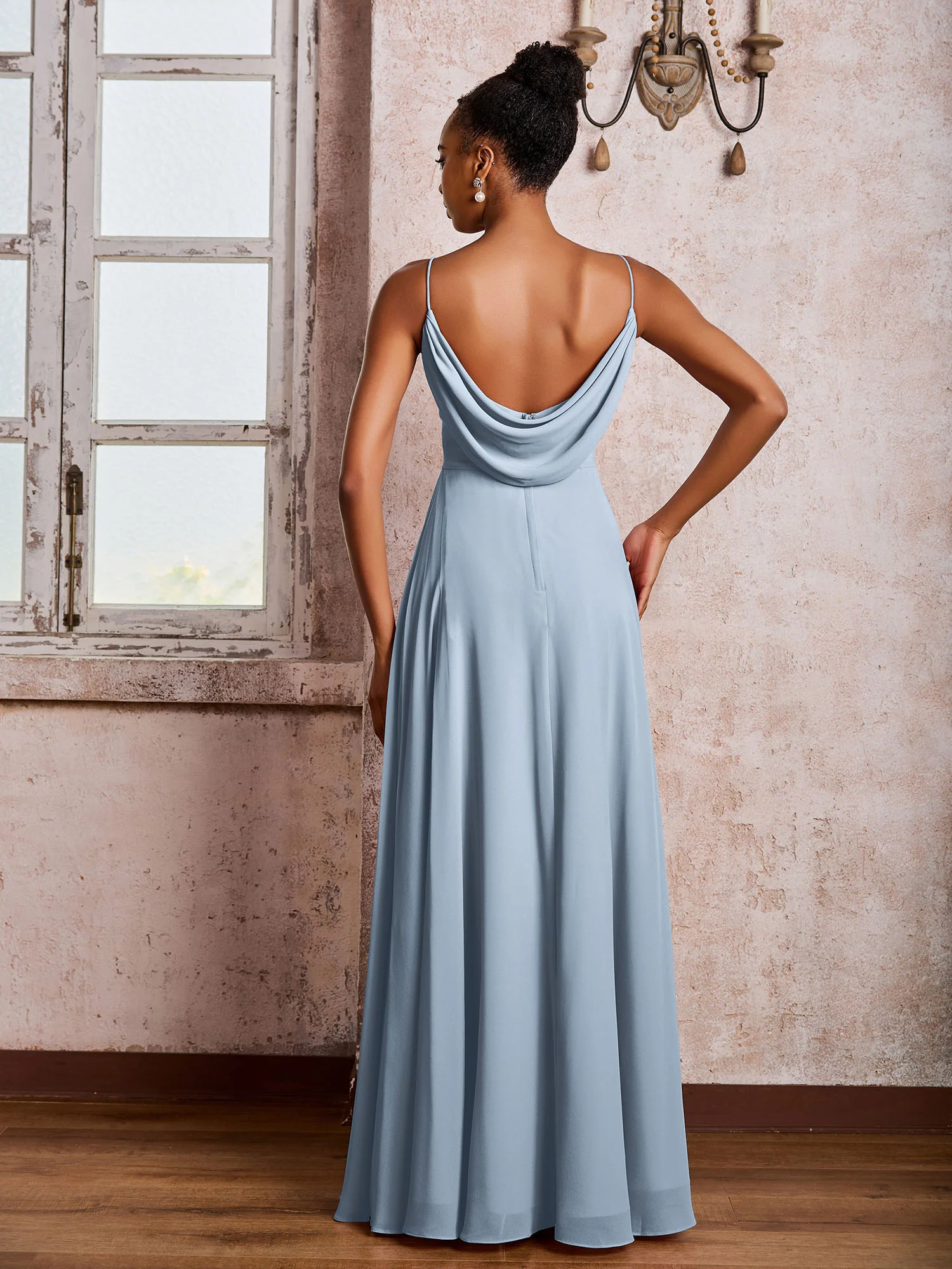 Spaghetti Straps V-neck Pleated A-line Chiffon Dresses Dusty Blue - Image 2