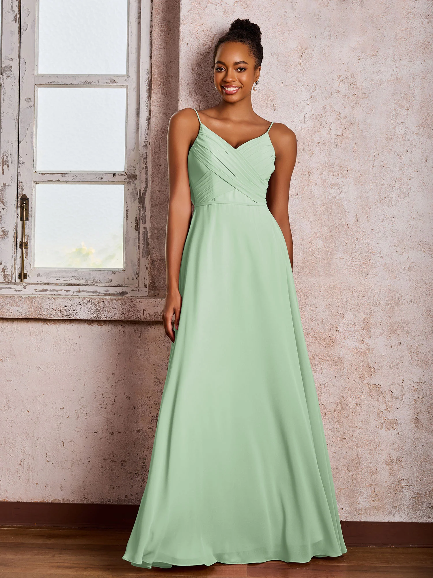 Spaghetti Straps V-neck Pleated A-line Chiffon Dresses Dusty Sage