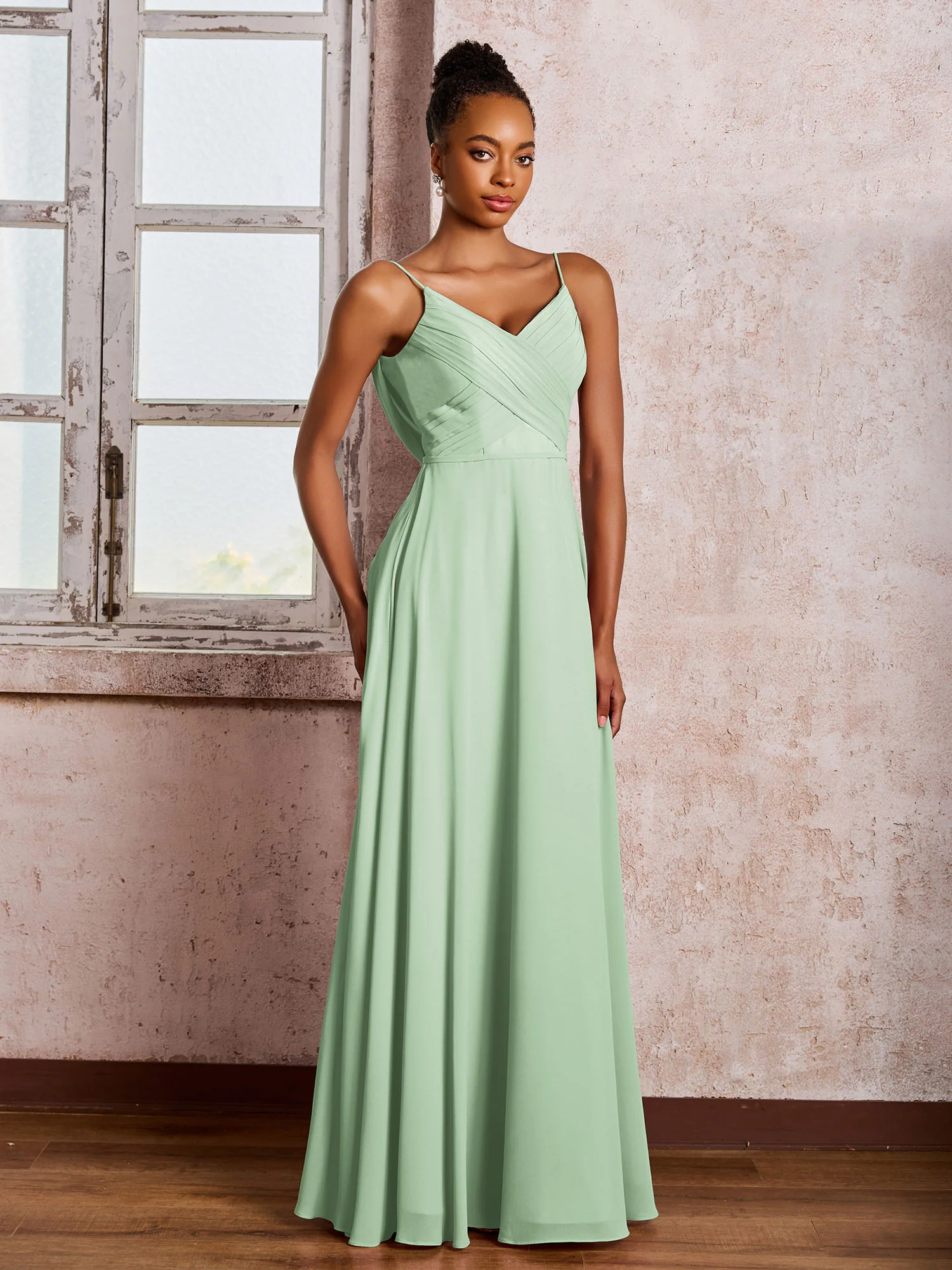 Spaghetti Straps V-neck Pleated A-line Chiffon Dresses Dusty Sage - Image 3