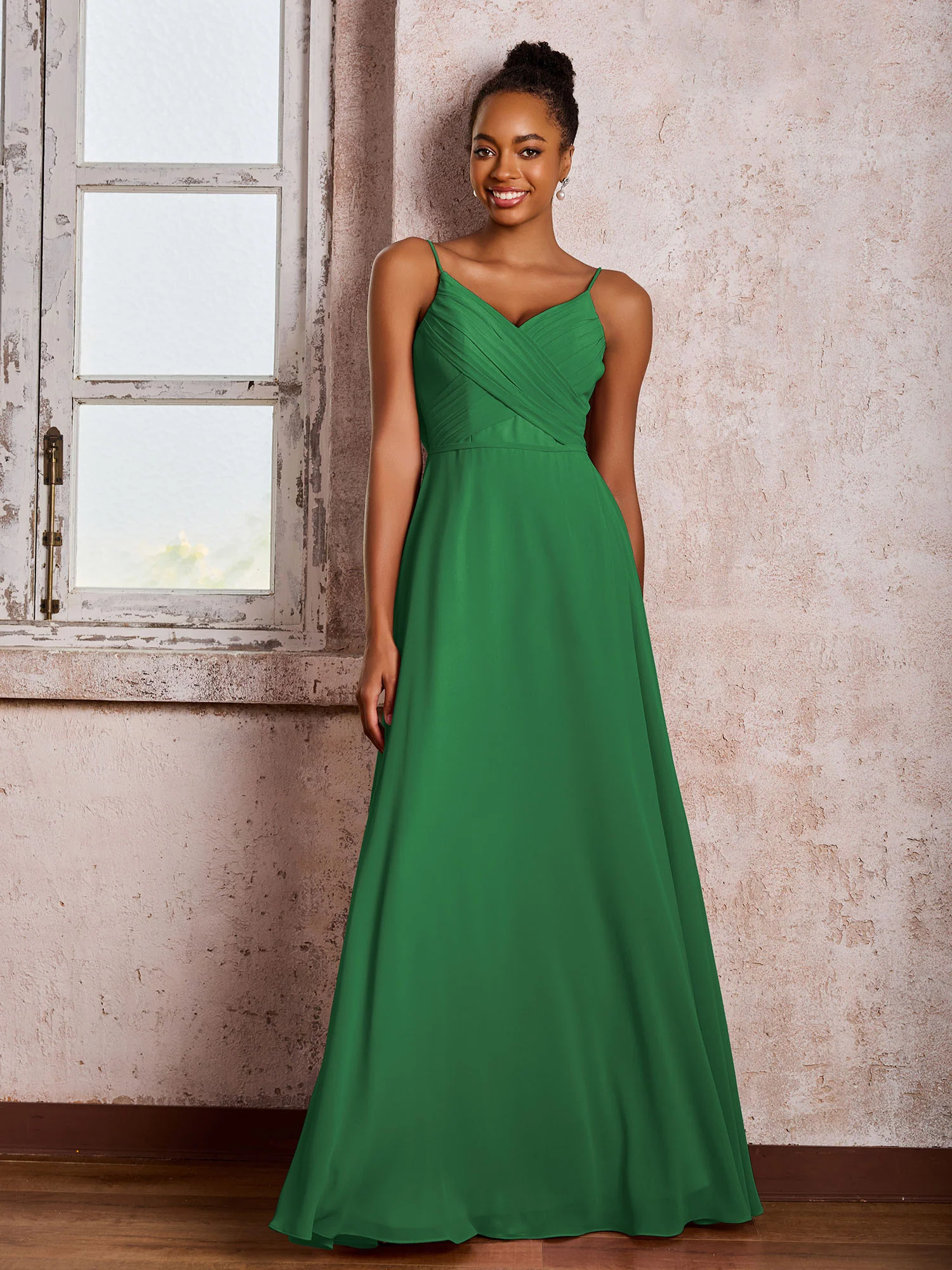 Spaghetti Straps V-neck Pleated A-line Chiffon Dresses Emerald