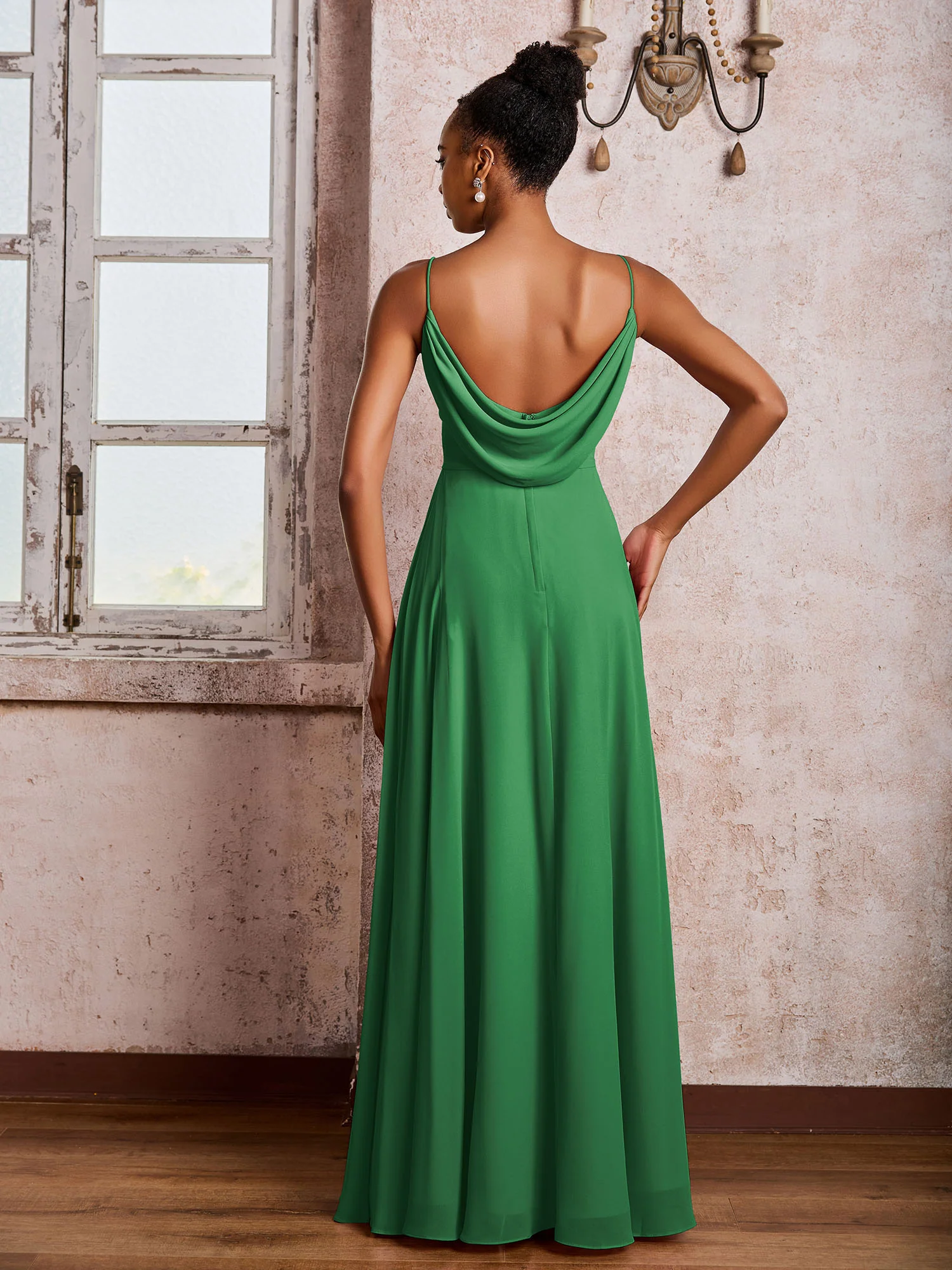 Spaghetti Straps V-neck Pleated A-line Chiffon Dresses Emerald - Image 2
