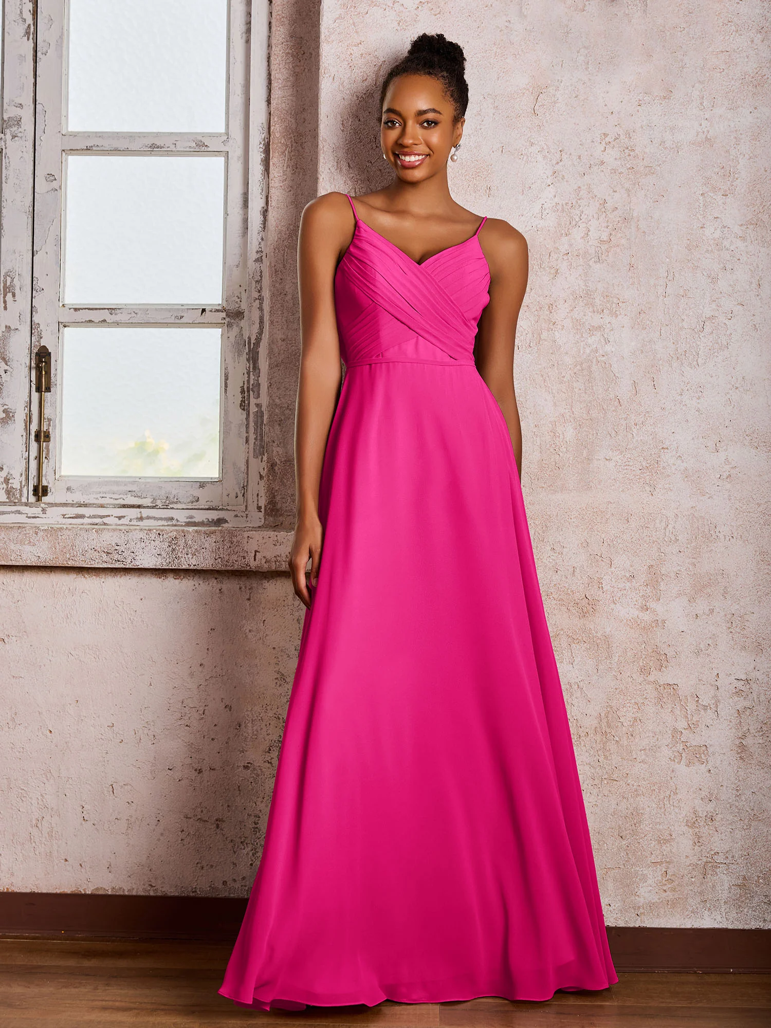 Spaghetti Straps V-neck Pleated A-line Chiffon Dresses Fuchsia