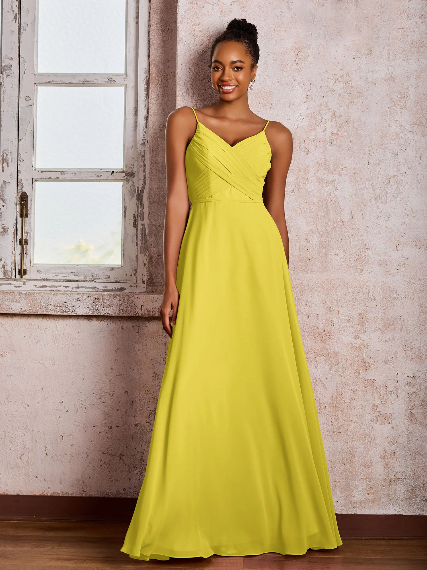 Spaghetti Straps V-neck Pleated A-line Chiffon Dresses Lemon