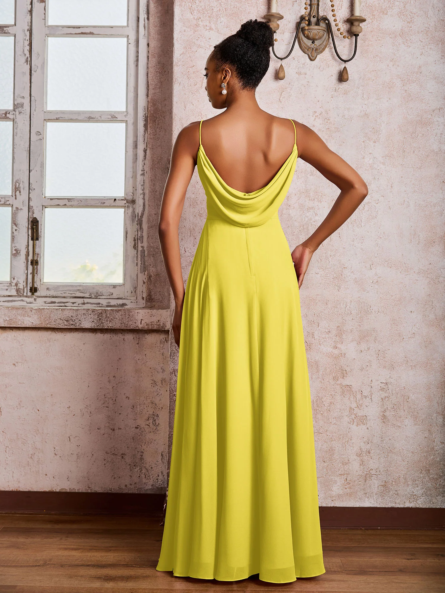 Spaghetti Straps V-neck Pleated A-line Chiffon Dresses Lemon - Image 2