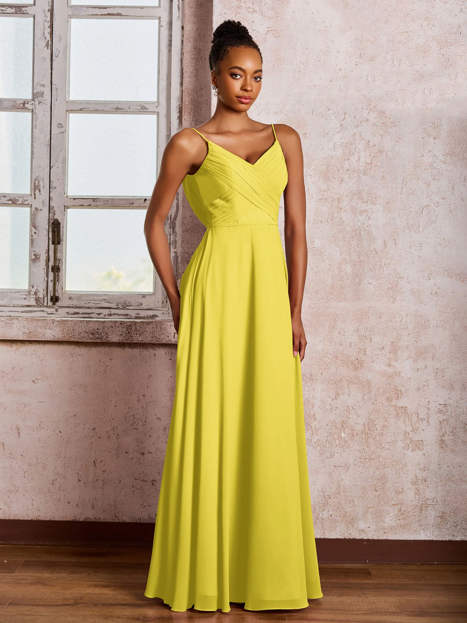 Spaghetti Straps V-neck Pleated A-line Chiffon Dresses Lemon - Image 3