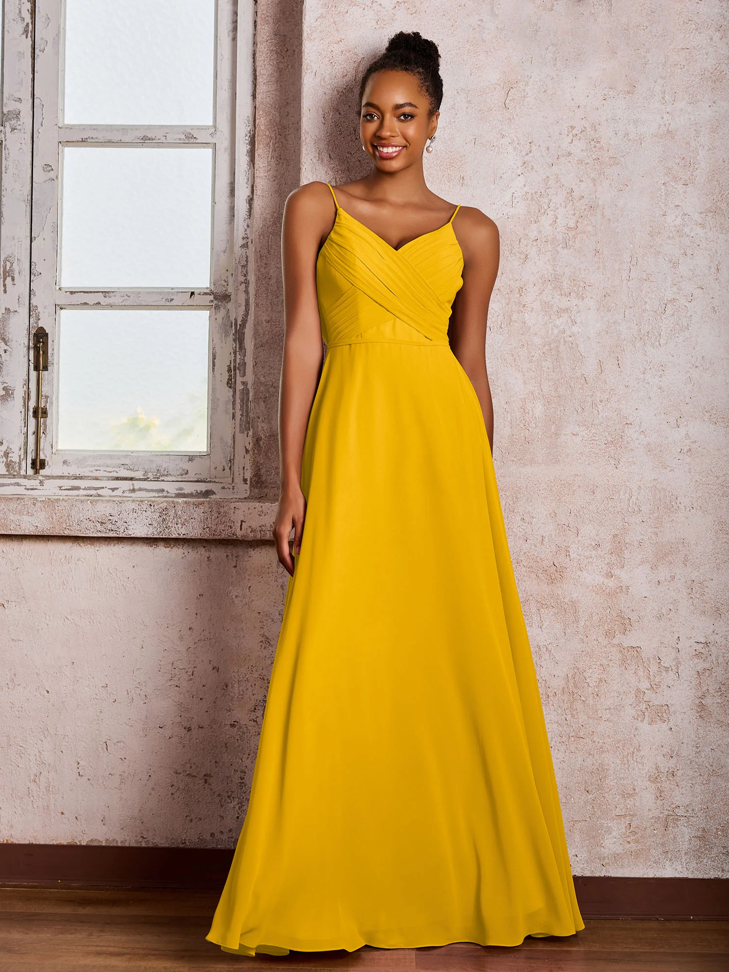 Spaghetti Straps V-neck Pleated A-line Chiffon Dresses Marigold