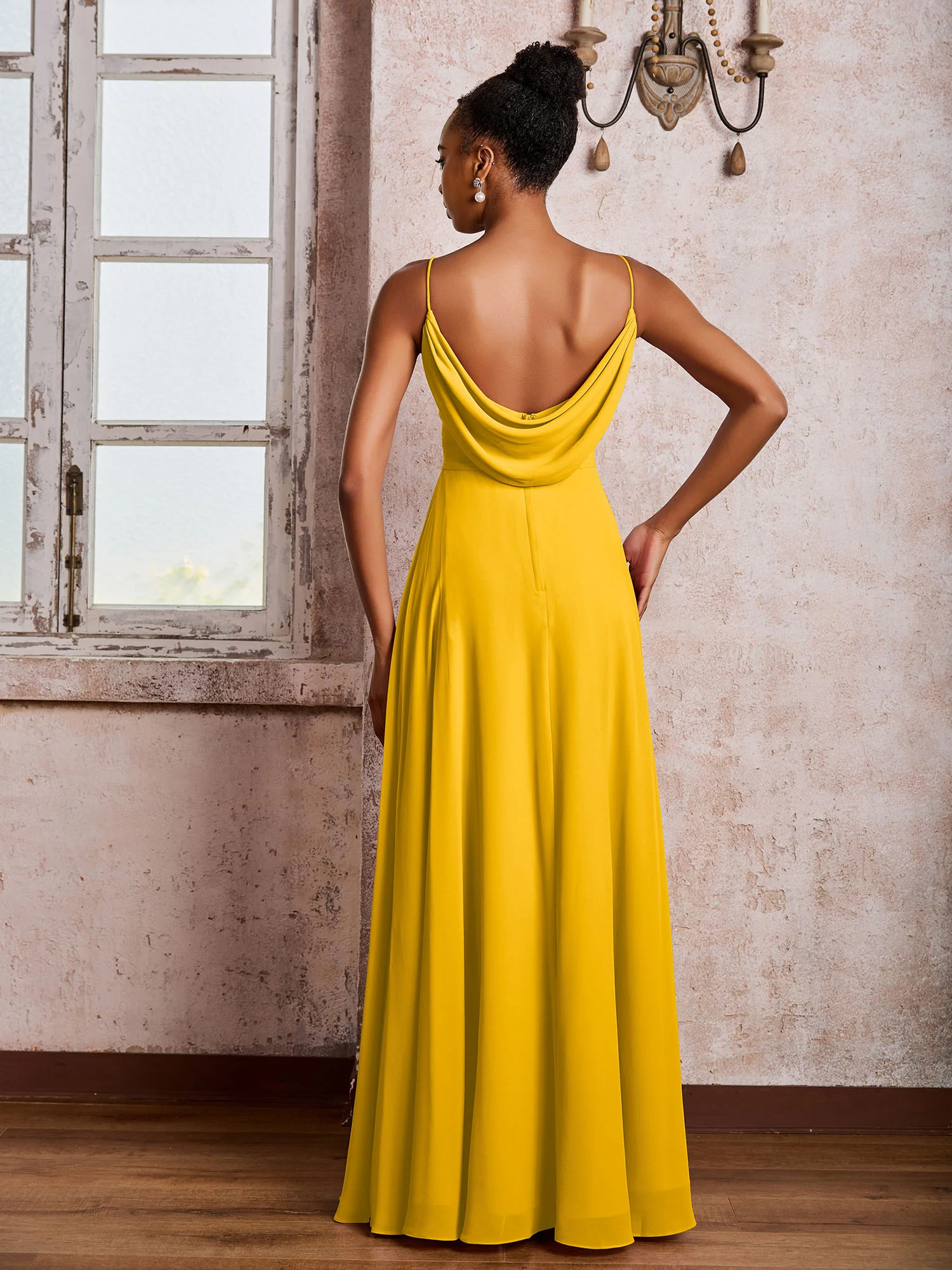 Spaghetti Straps V-neck Pleated A-line Chiffon Dresses Marigold - Image 2