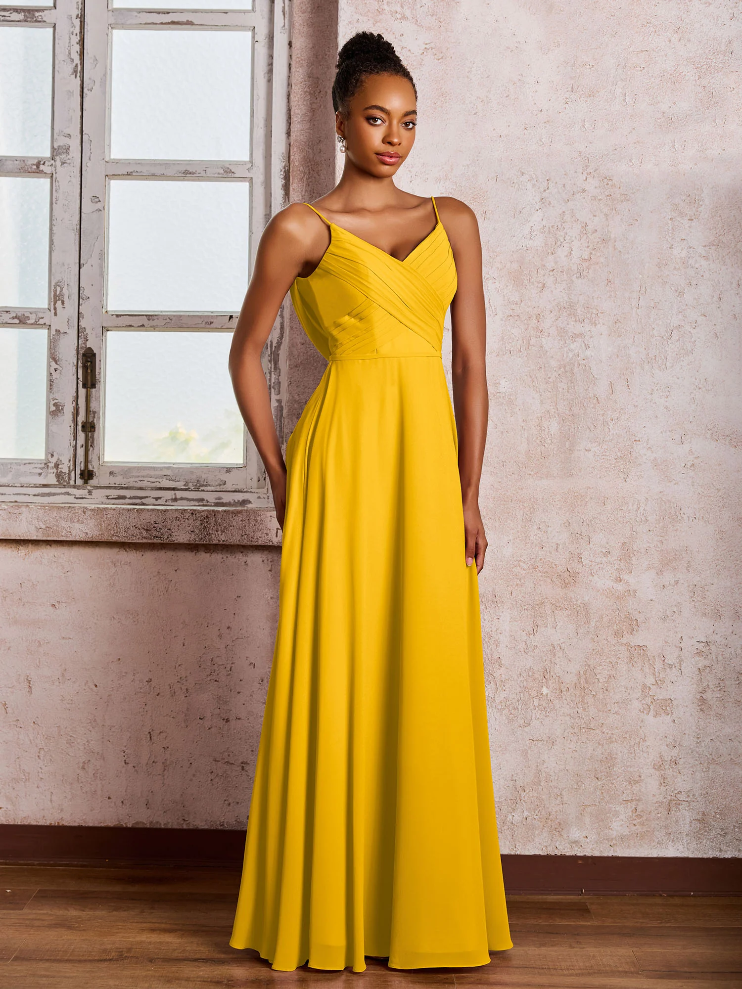 Spaghetti Straps V-neck Pleated A-line Chiffon Dresses Marigold - Image 3