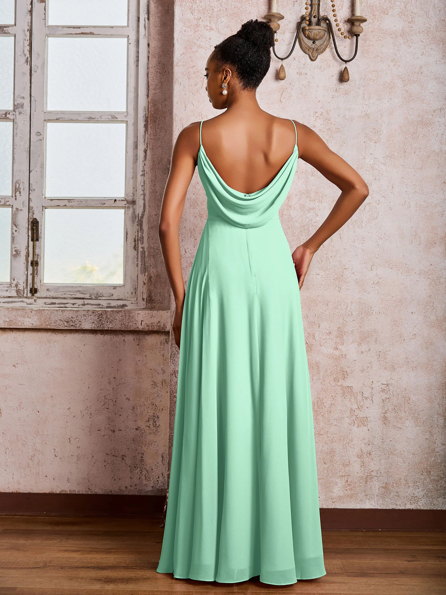 Spaghetti Straps V-neck Pleated A-line Chiffon Dresses Mint Green - Image 2