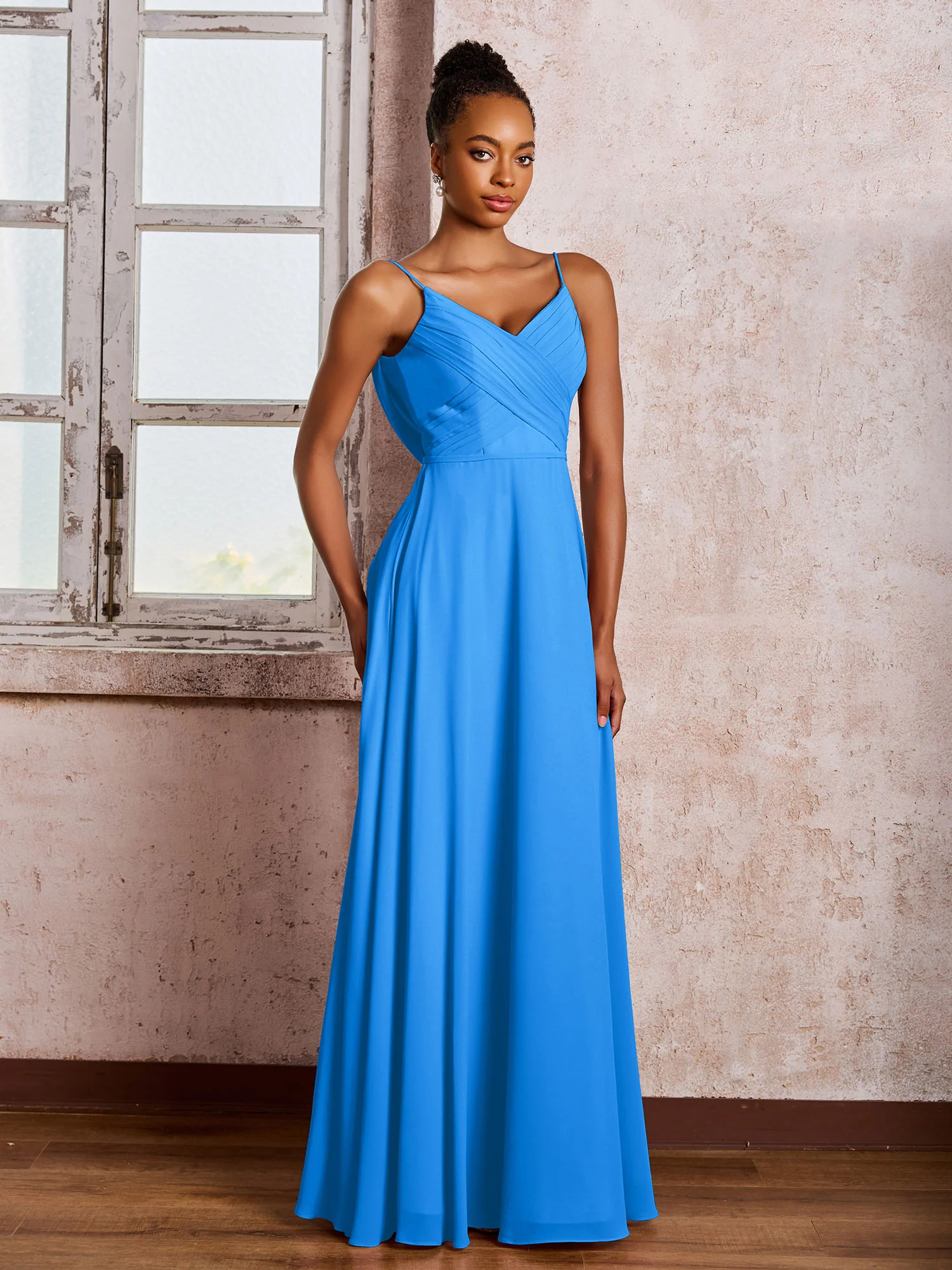 Spaghetti Straps V-neck Pleated A-line Chiffon Dresses Ocean Blue - Image 3