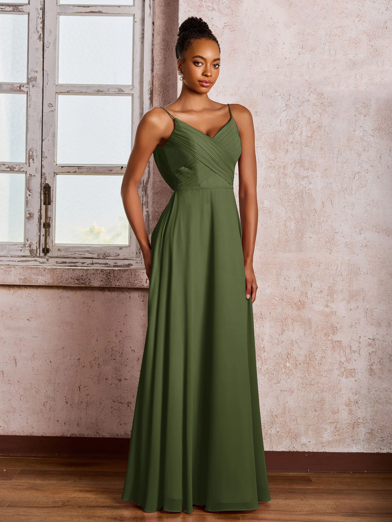 Spaghetti Straps V-neck Pleated A-line Chiffon Dresses Olive Green - Image 3