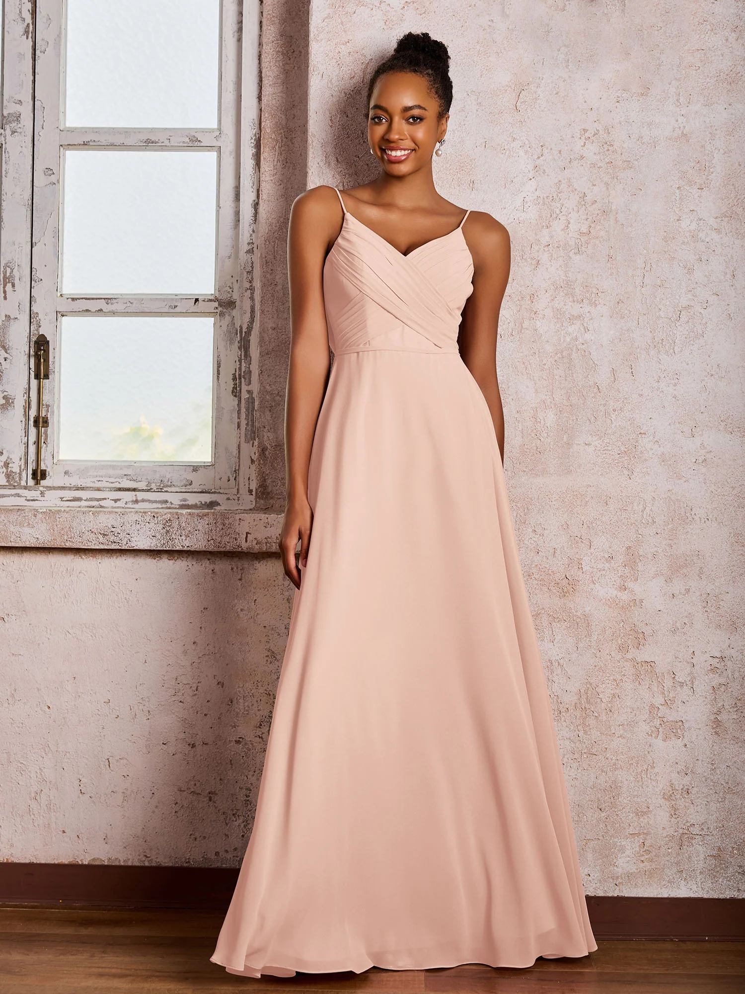 Spaghetti Straps V-neck Pleated A-line Chiffon Dresses Pearl Pink