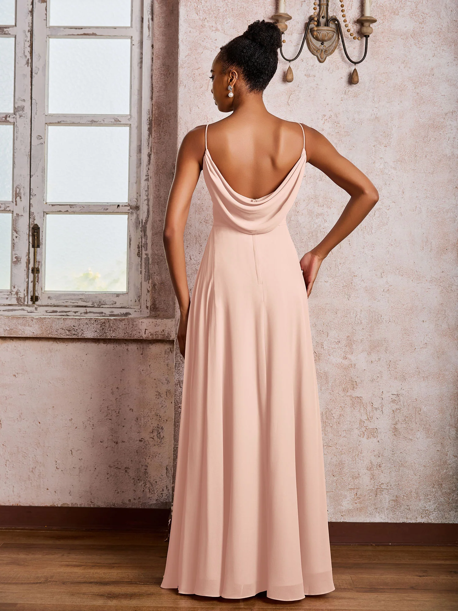 Spaghetti Straps V-neck Pleated A-line Chiffon Dresses Pearl Pink - Image 2