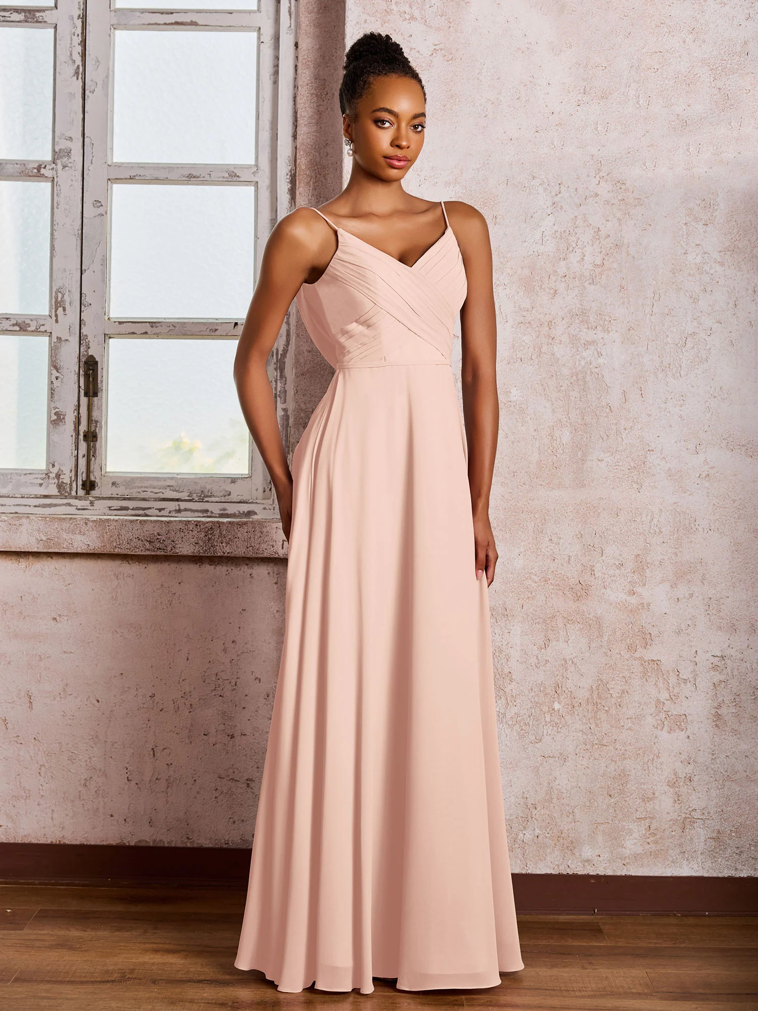 Spaghetti Straps V-neck Pleated A-line Chiffon Dresses Pearl Pink - Image 3