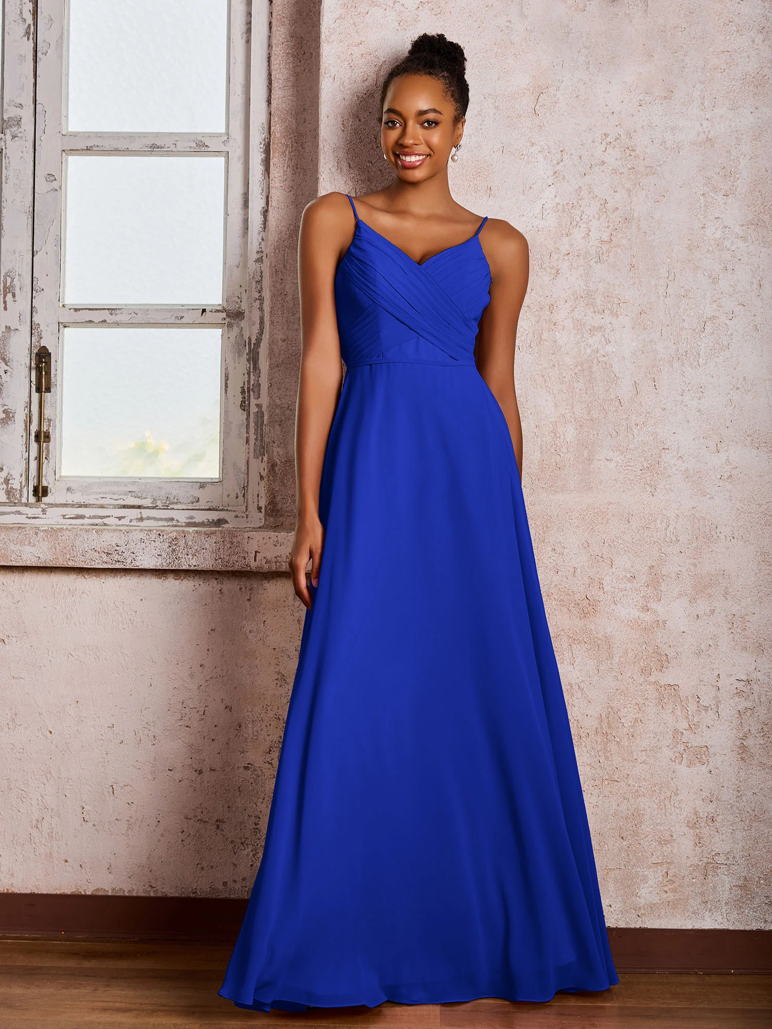 Spaghetti Straps V-neck Pleated A-line Chiffon Dresses Royal Blue