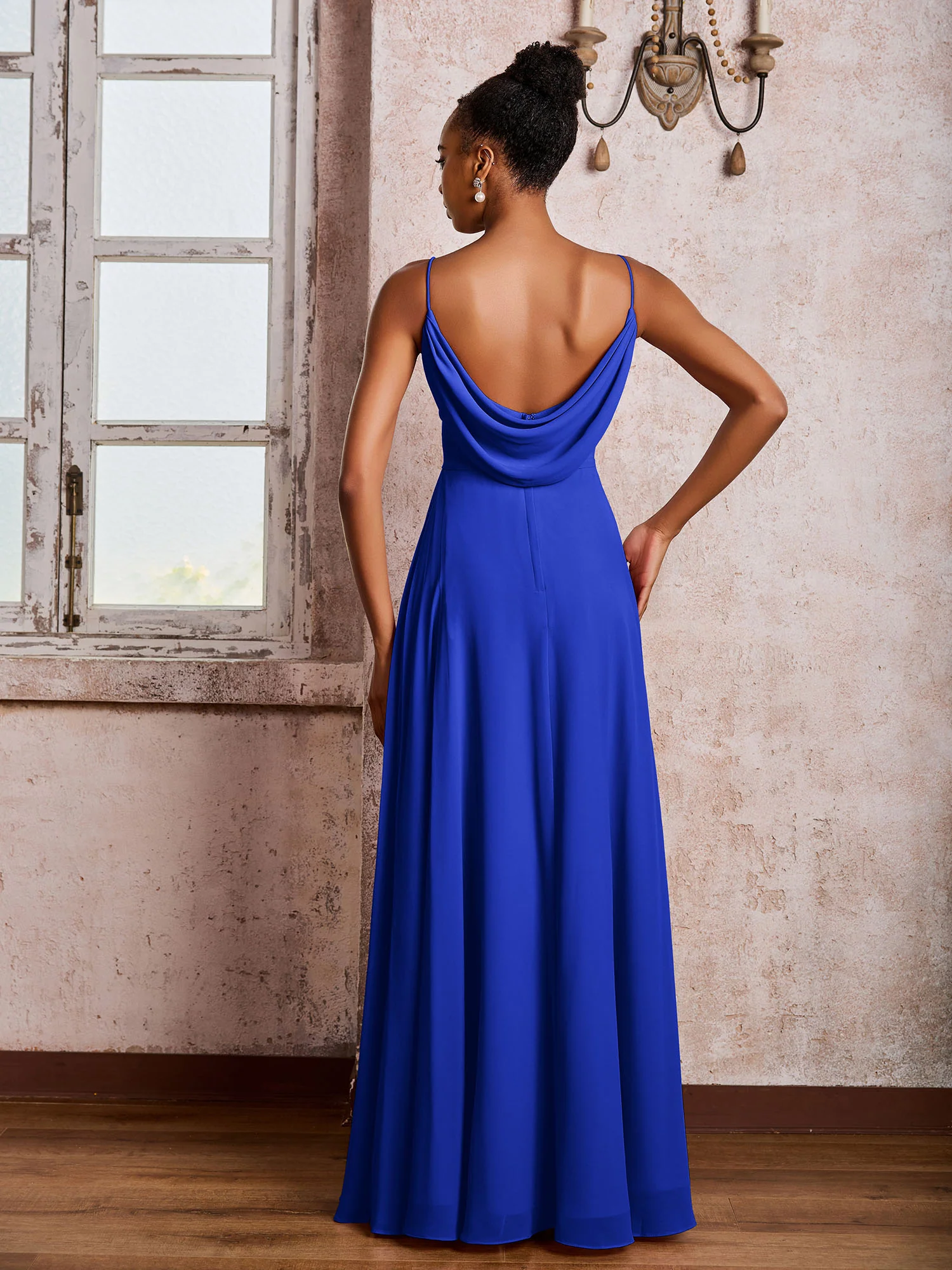 Spaghetti Straps V-neck Pleated A-line Chiffon Dresses Royal Blue - Image 2