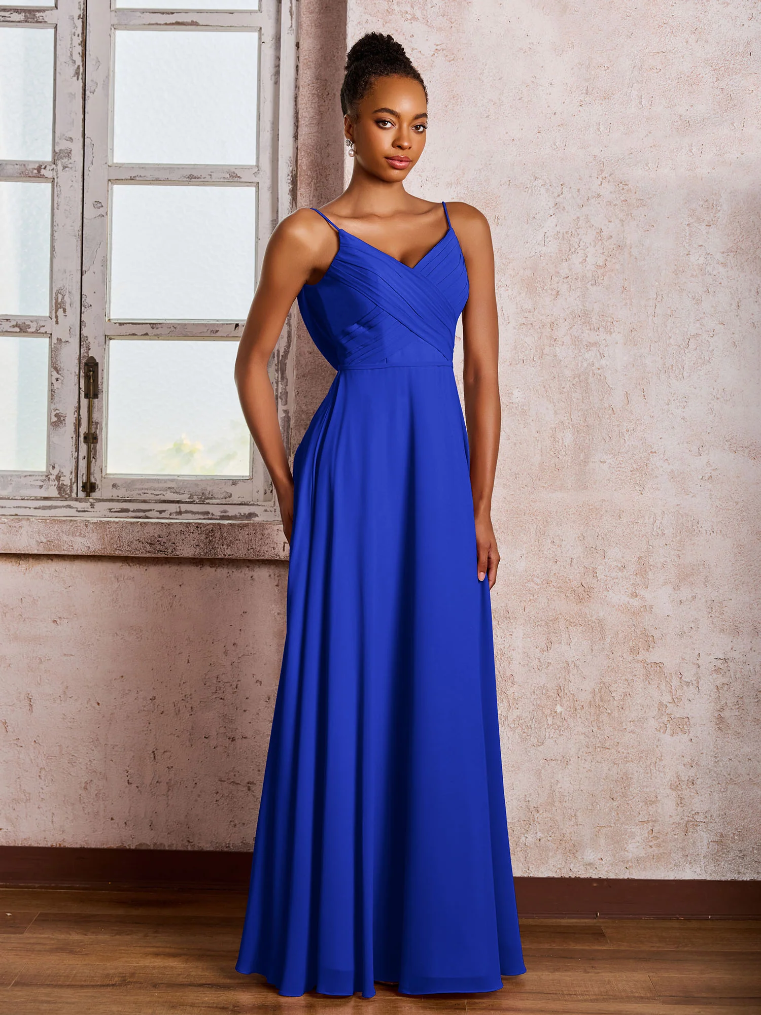 Spaghetti Straps V-neck Pleated A-line Chiffon Dresses Royal Blue - Image 3