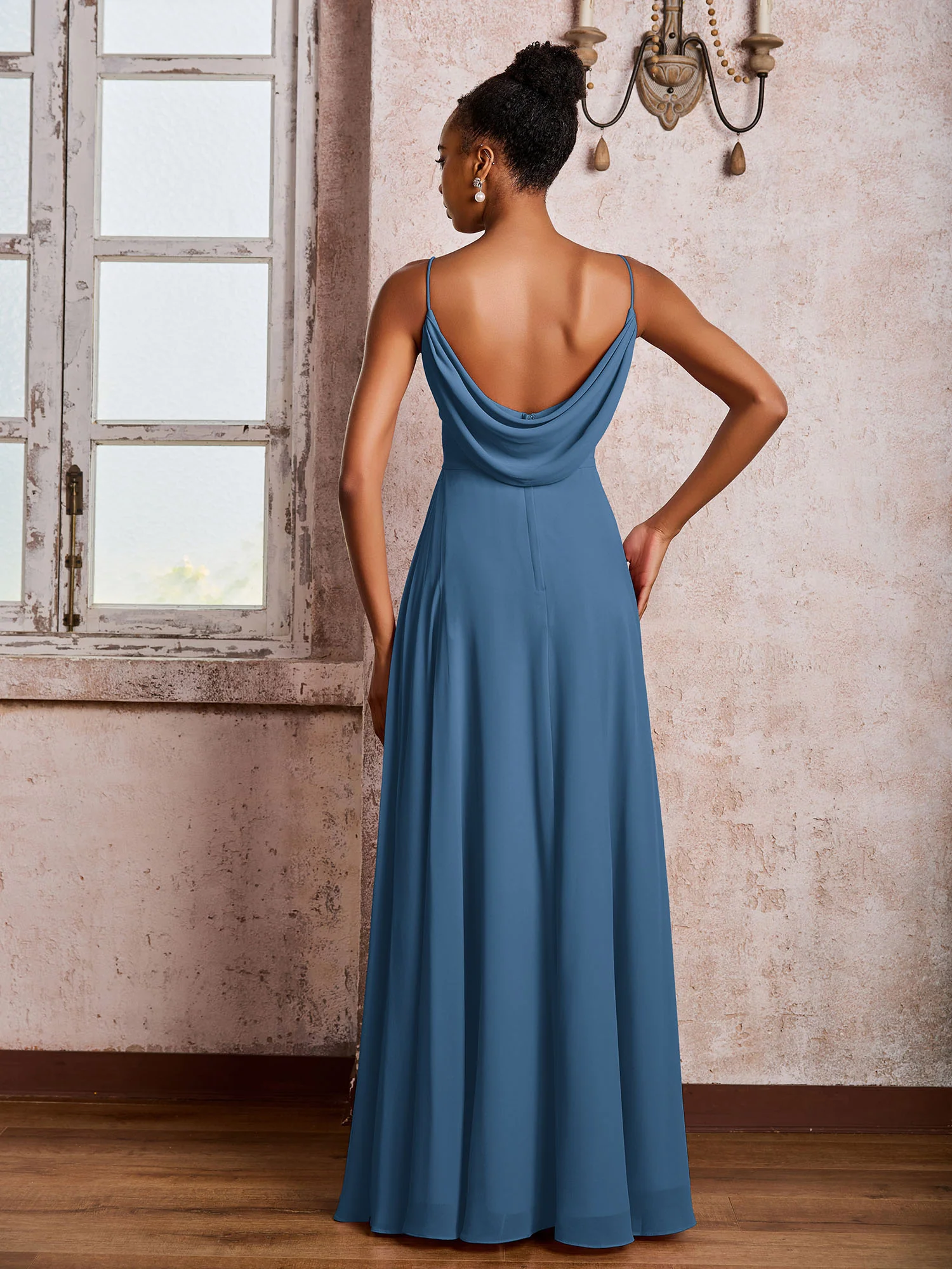 Spaghetti Straps V-neck Pleated A-line Chiffon Dresses Slate Blue - Image 2